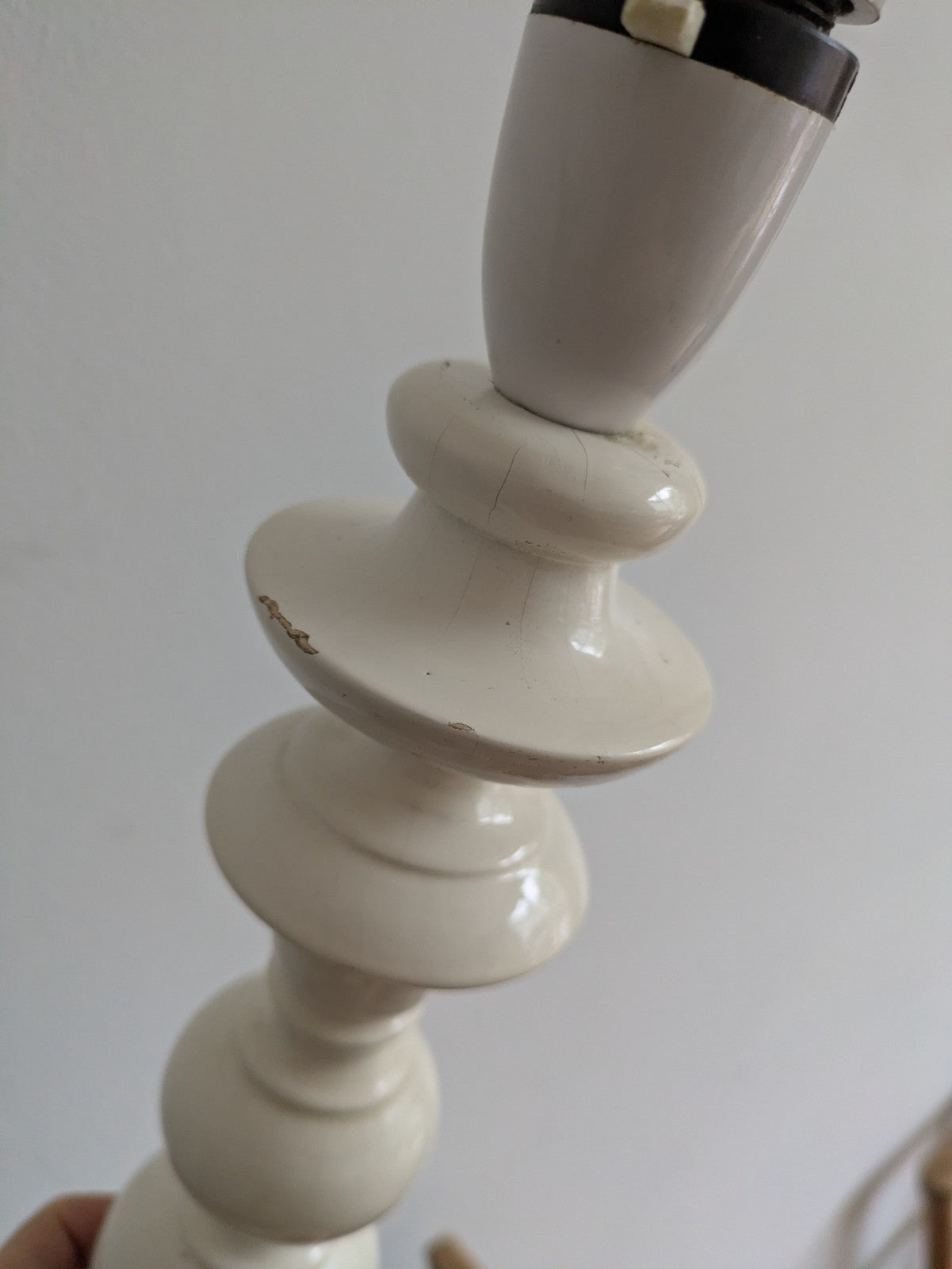 Mid 20th Century 1960s White Gloss Bobbin Table Lamp Wooden Bobble VTG Retro 