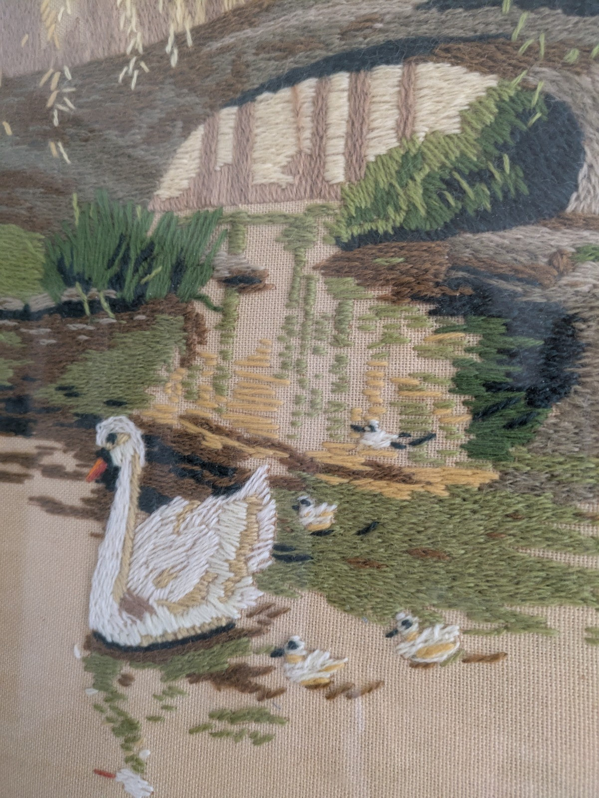 Vintage Needlework Crewel Stitchwork Crochet Swan Signets River Picture English