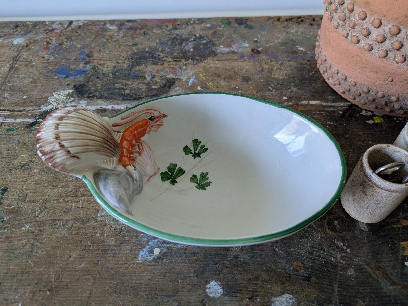 Handmade Italian Lobster Shell Scallop Majolica Oval Porcelain Serving Dish Bowl