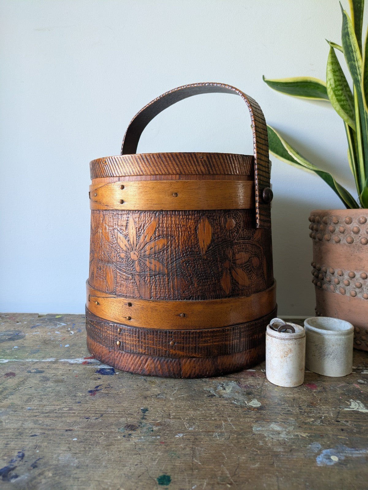 Antique Vtg Sugar Firkin Bucket w. Lid & Handle Pantry Carved Design Primitive