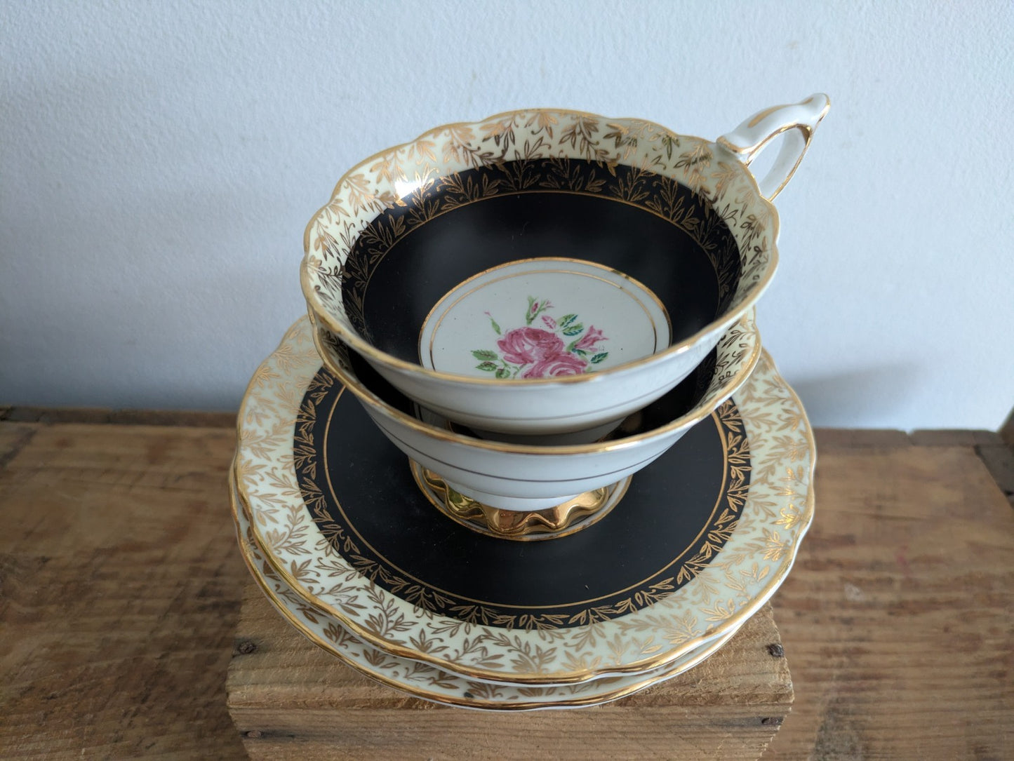 Pair Duos Vintage Royal Stafford Pink Black Gilt Cabbage Rose Cup and Saucer x2