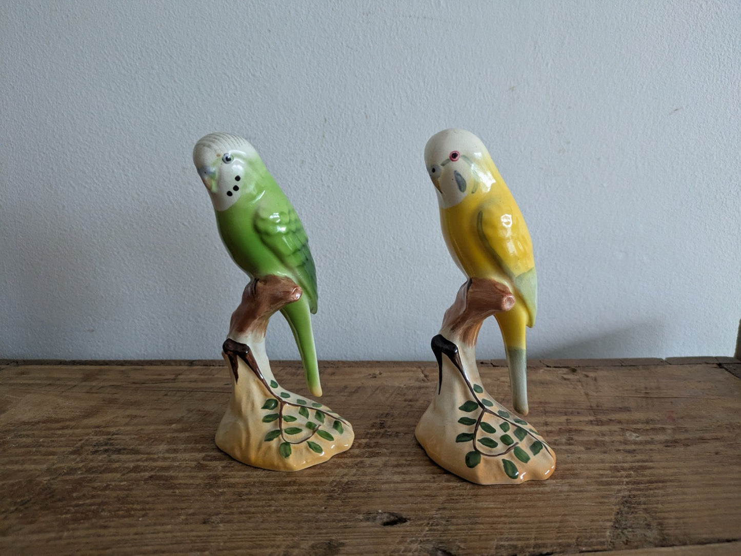 2x Rare Green Yellow Budgie Mid Century Kitsch Retro Ceramic Figurine Ornament