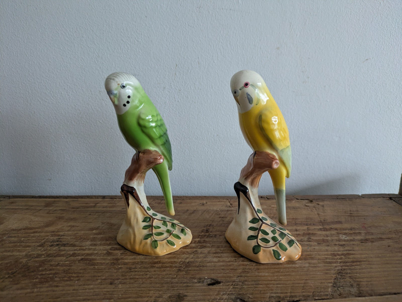 2x Rare Green Yellow Budgie Mid Century Kitsch Retro Ceramic Figurine Ornament
