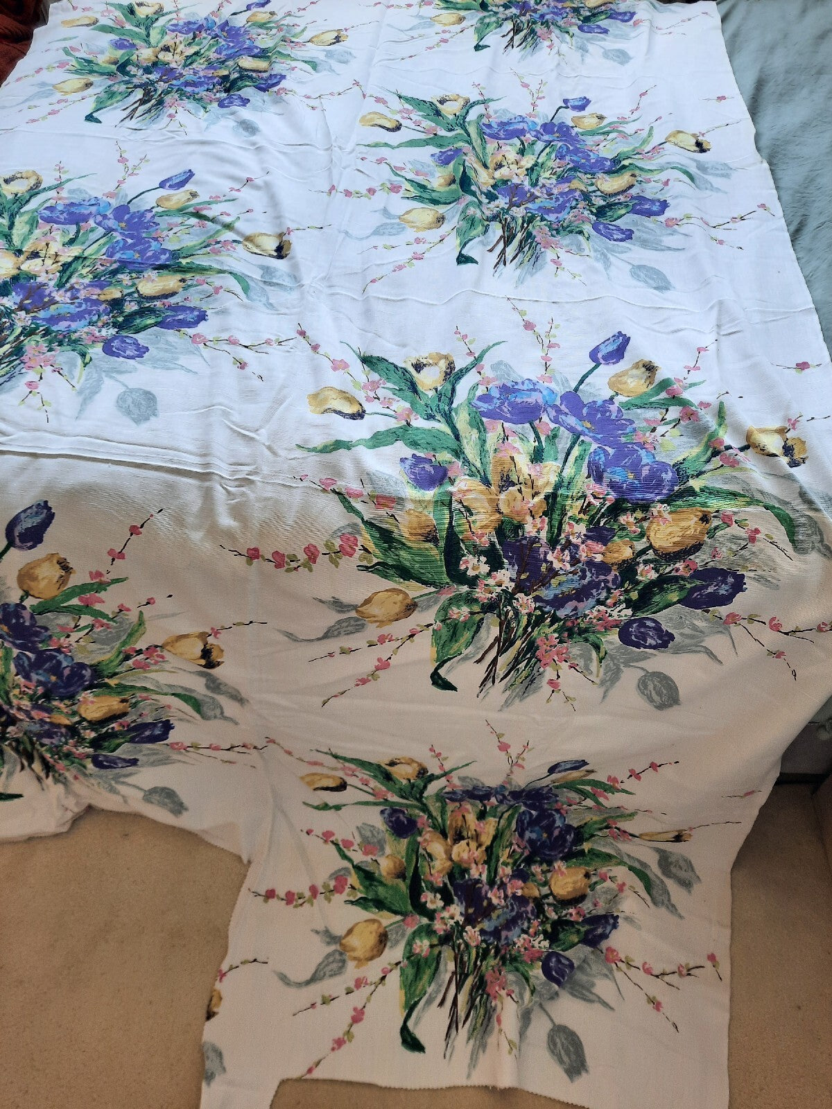 100% Cotton French Interior Fabric Bouquet Vintage White Floral 2.1m Tulips Rare