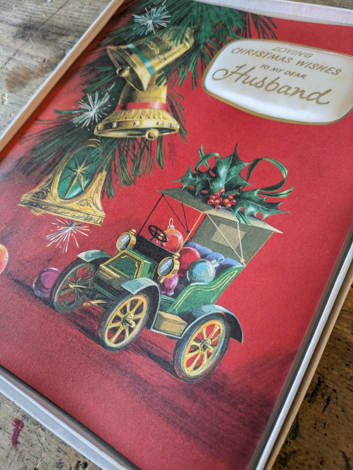 Vintage Car 60s Padded Christmas Xmas Greeting Card Fabric Satin Husband Bell