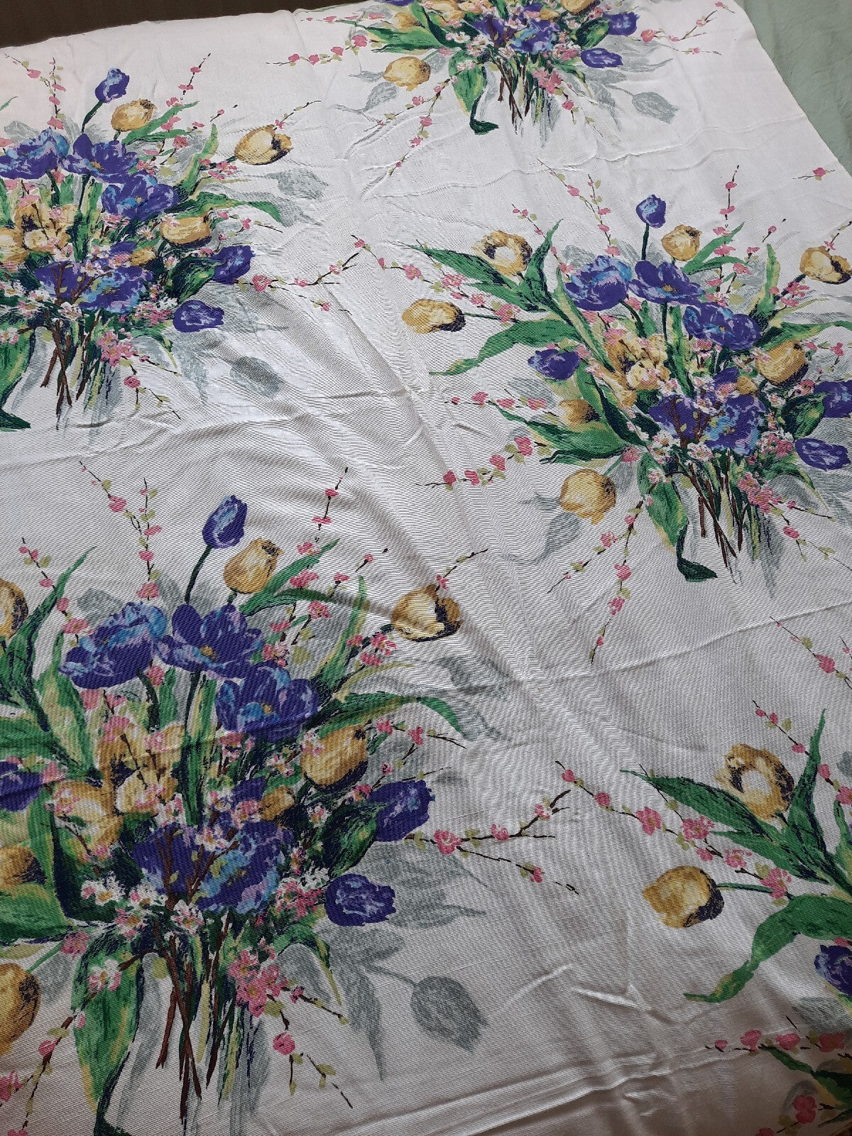 100% Cotton French Interior Fabric Bouquet Vintage White Floral 2.1m Tulips Rare