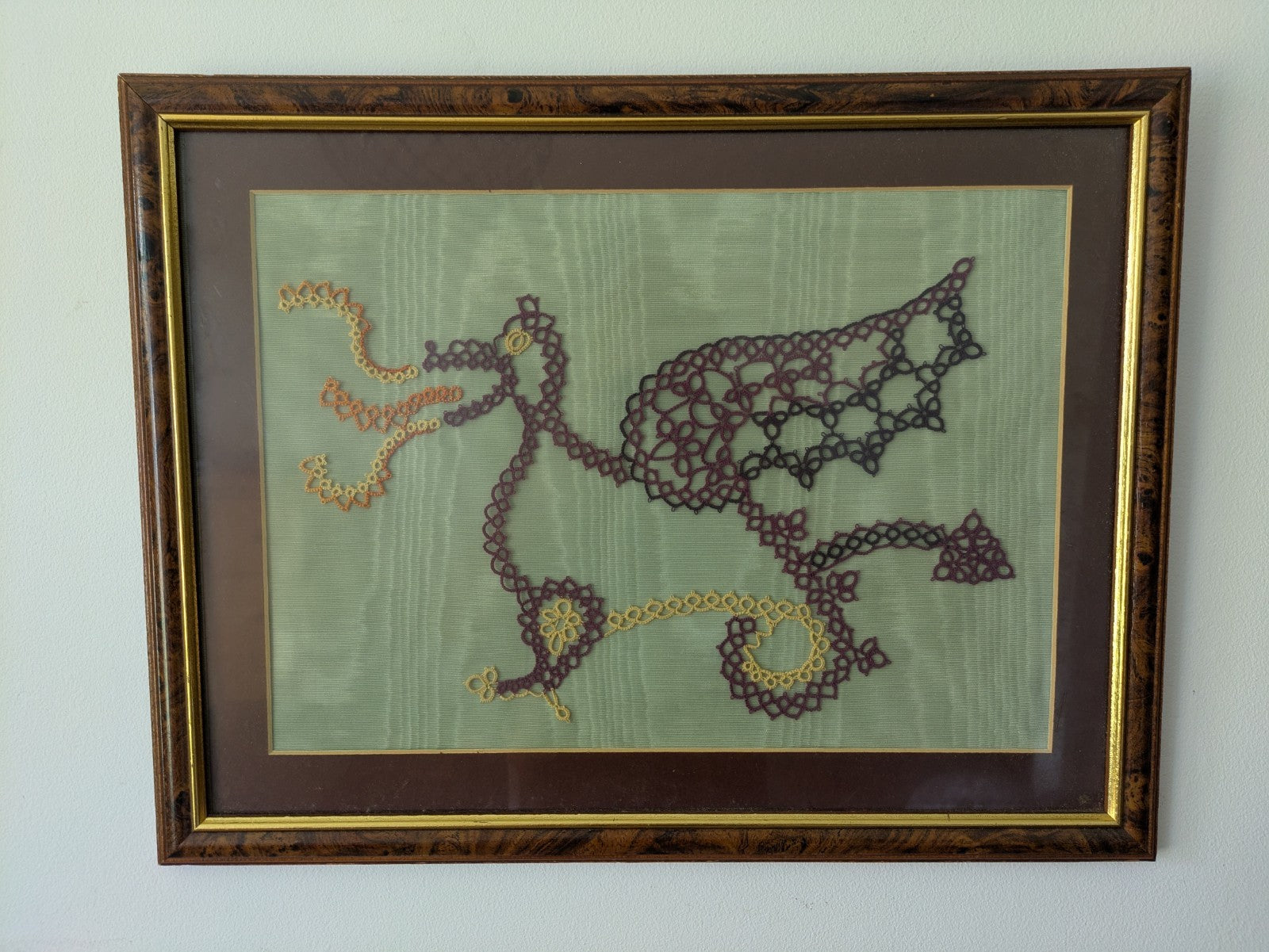 Vintage Welsh Fire Breathing Dragon Tatted Lace Framed Picture Handmade Wales 