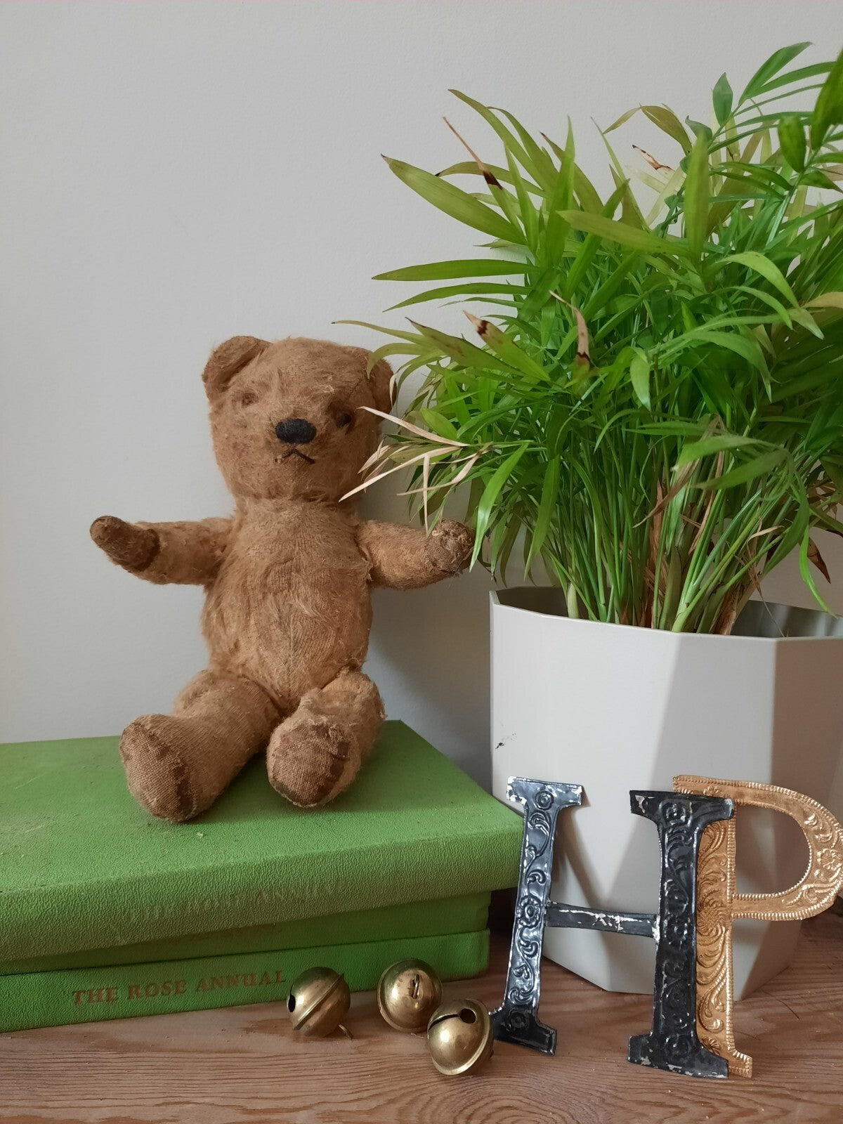 Antique Small Jointed Old Mohair Teddy Bear straw stuffed vintage RARE worn toy