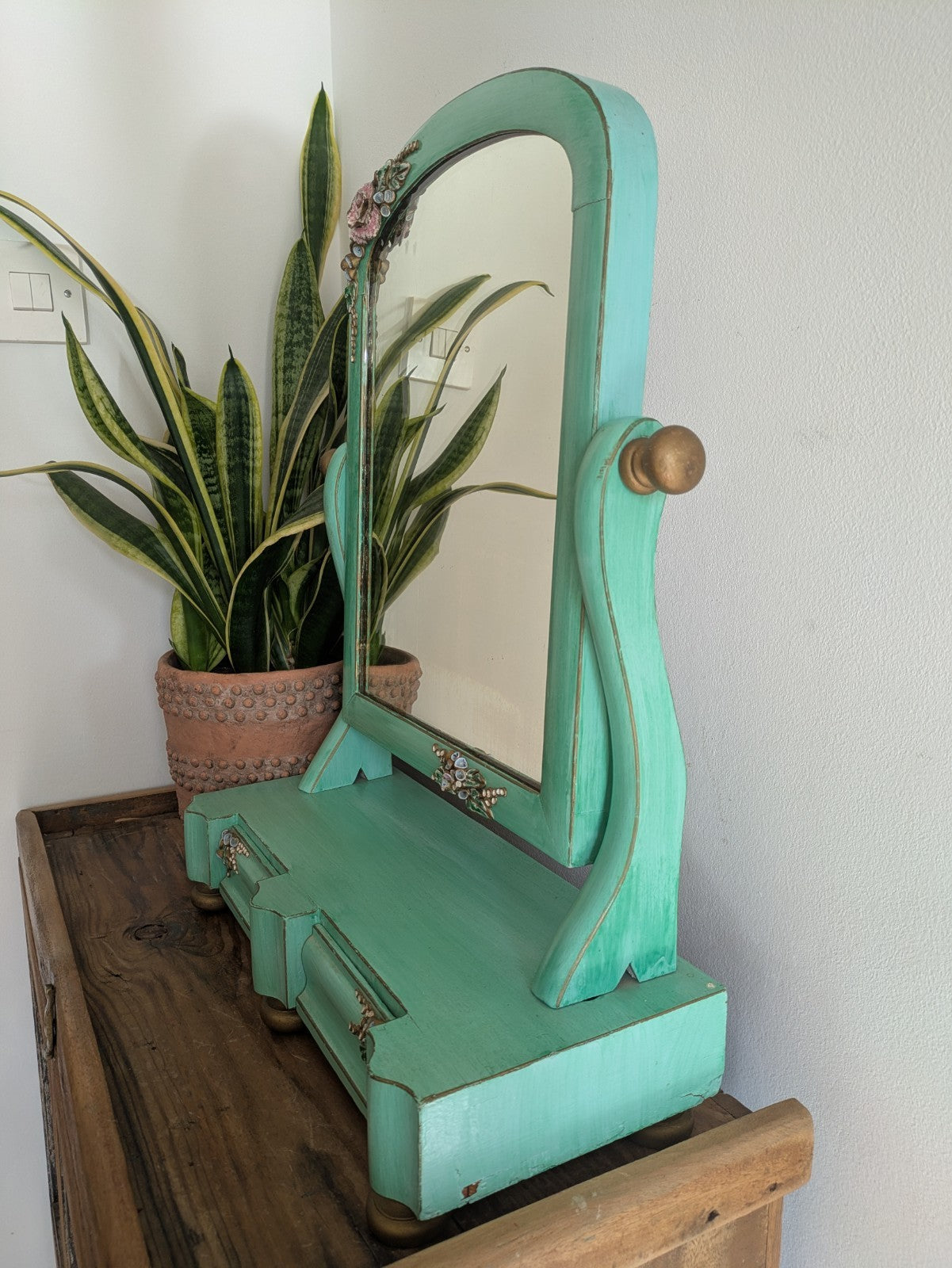 Antique Victorian Edwardian Wood Table Vanity Mirror Drawers Turquoise Floral Vg