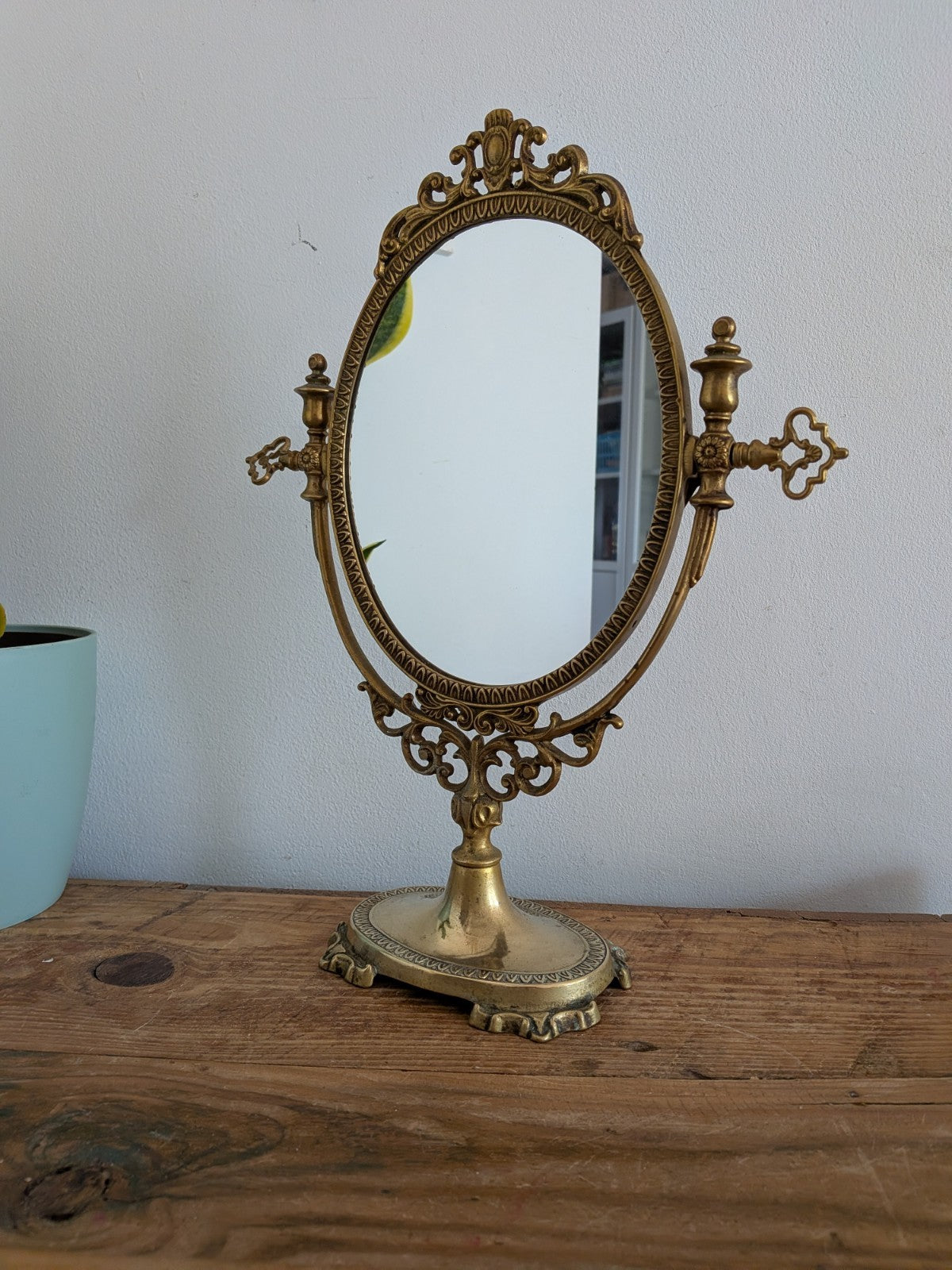 Antique Vintage Oval Dressing Brass Metal Table Vanity Swing Mirror French Style