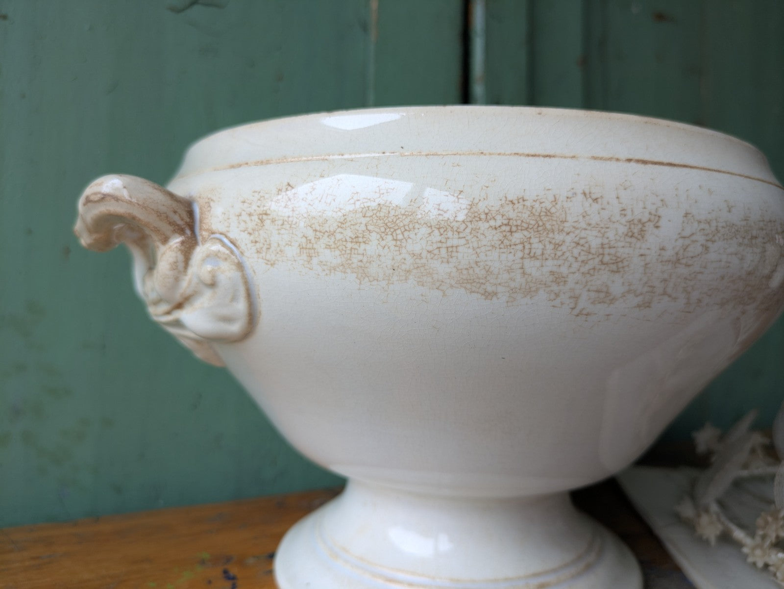 Antique French Faience Soup Tureen/ Soupiere Opaque De Sarreguemines Crazed Rare