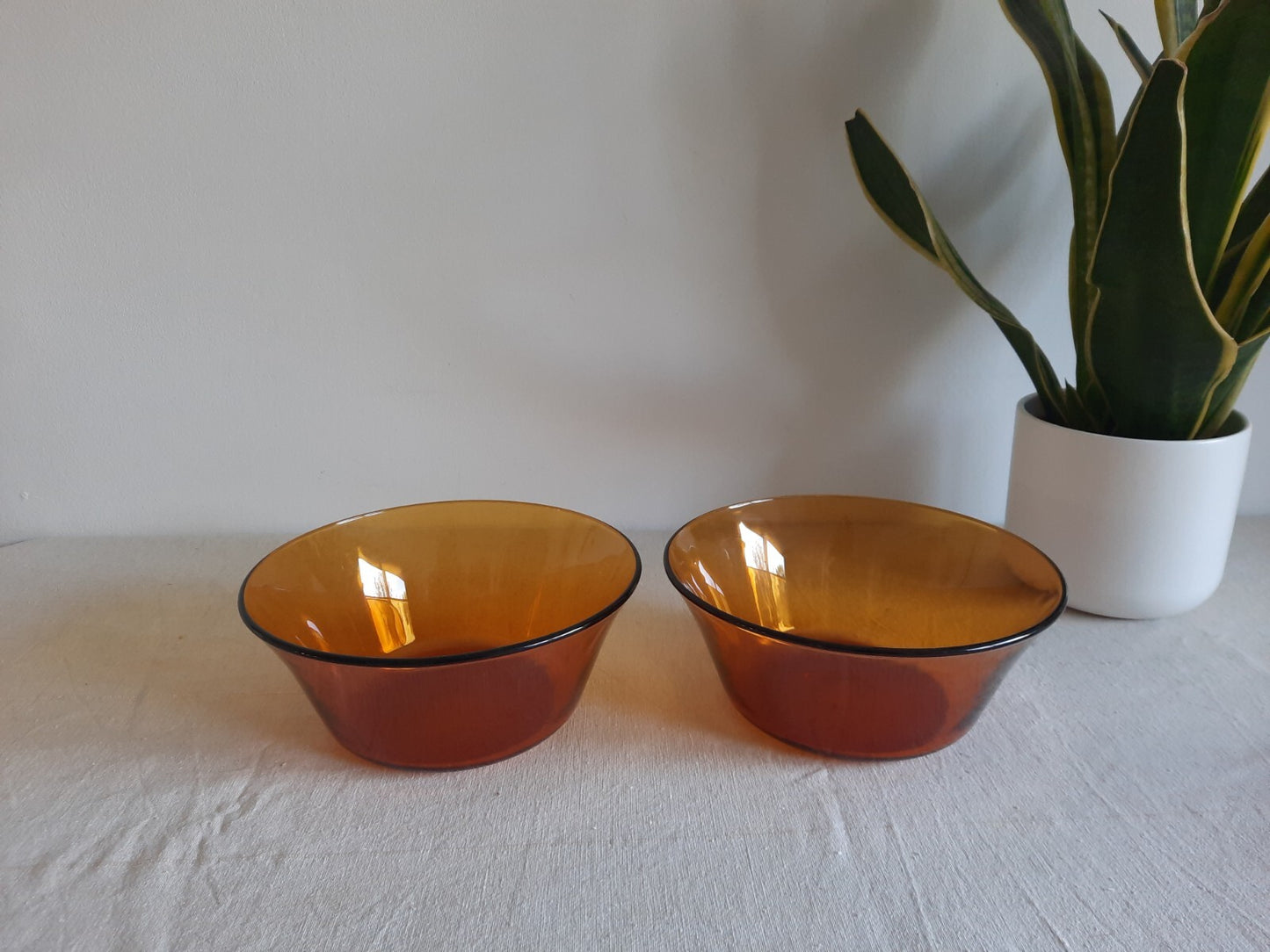 2x Amber Glass Serving Bowl Duralex France Vtg Mcm Mid Century Side Dish Deep