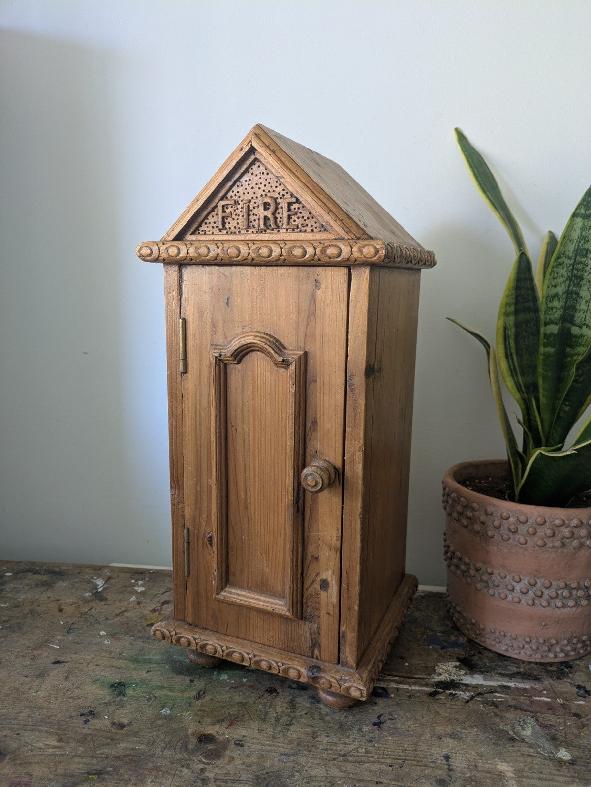 Small Table Top Pine Wood Cabinet Cupboard Fire Storage Unit Unusual Wooden Vgc