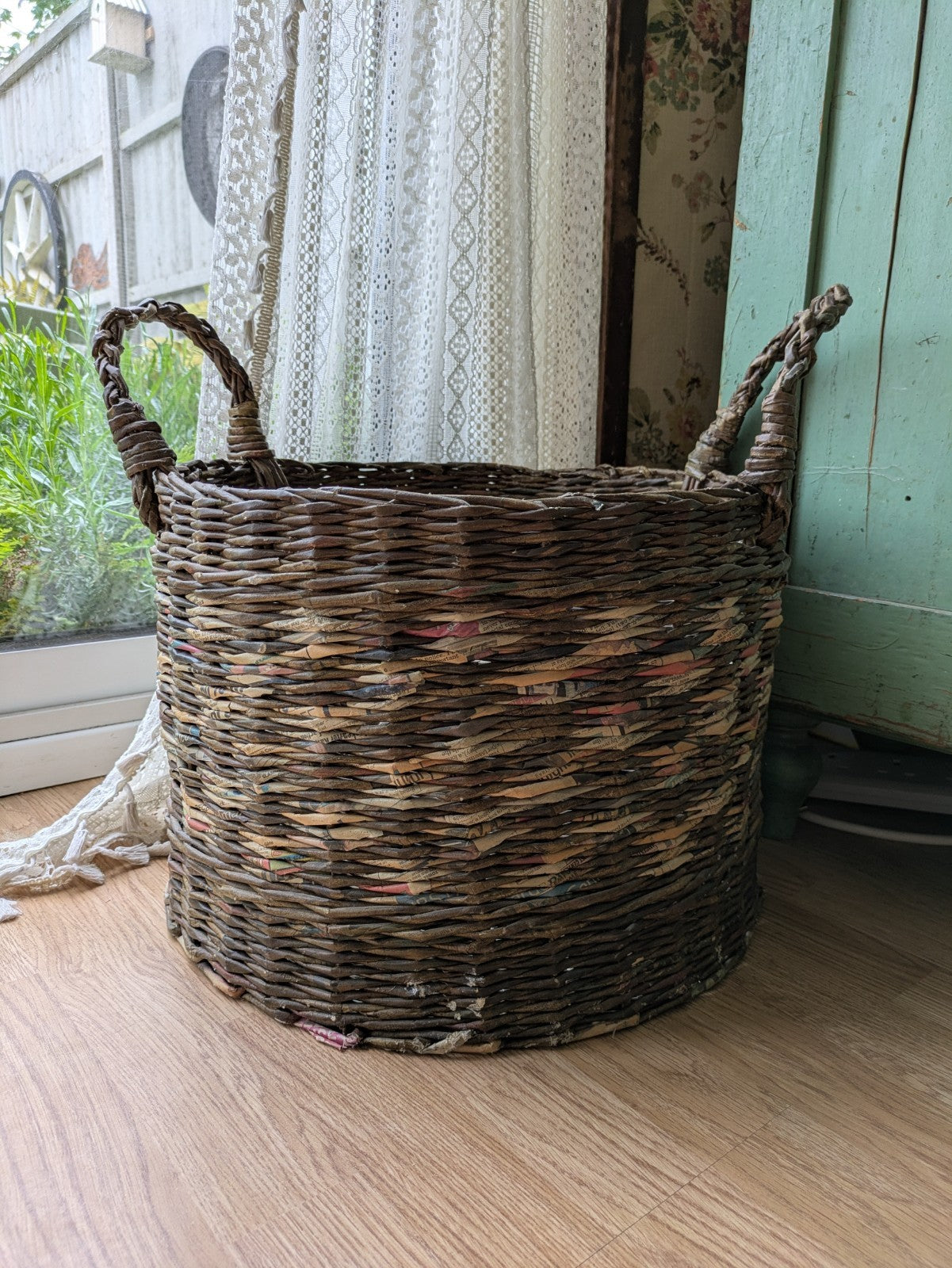 Basket Recycled Newspaper Hand Woven High Sturdy Large Handles Log Laundry Round