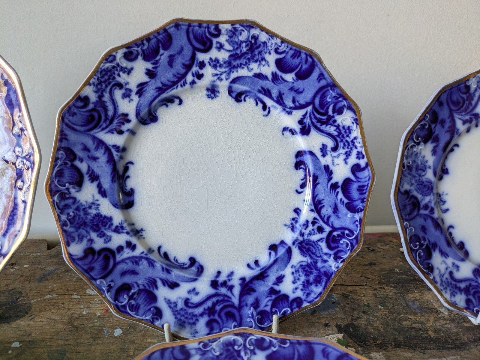 16 Piece Antique Vtg W. H. GRINDLEY Argyle Flow Blue Dinner Dessert Plates Set