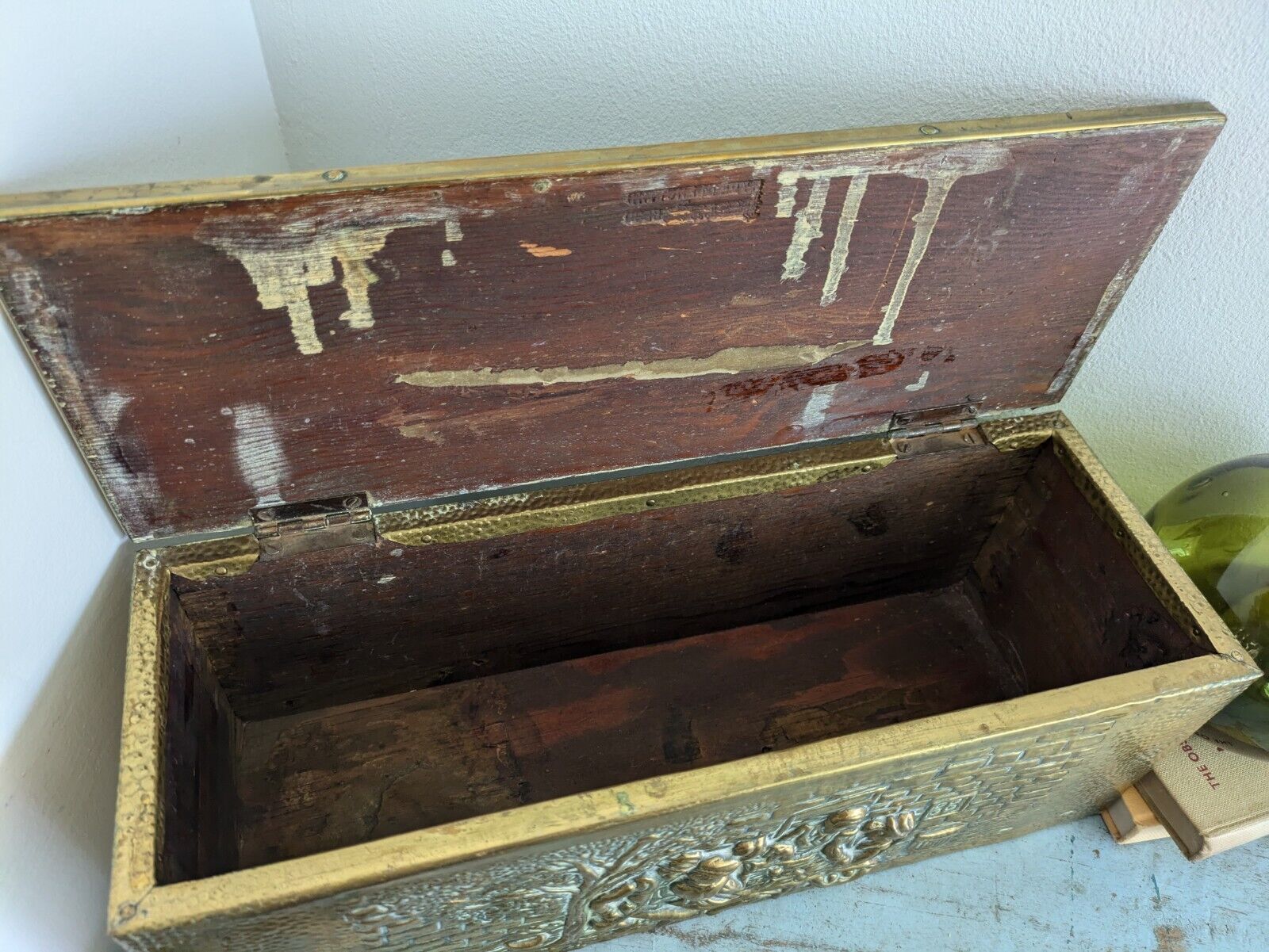Antique 19th Century Vintage Embossed Brass and Wood Slipper Box Narrow Storage 