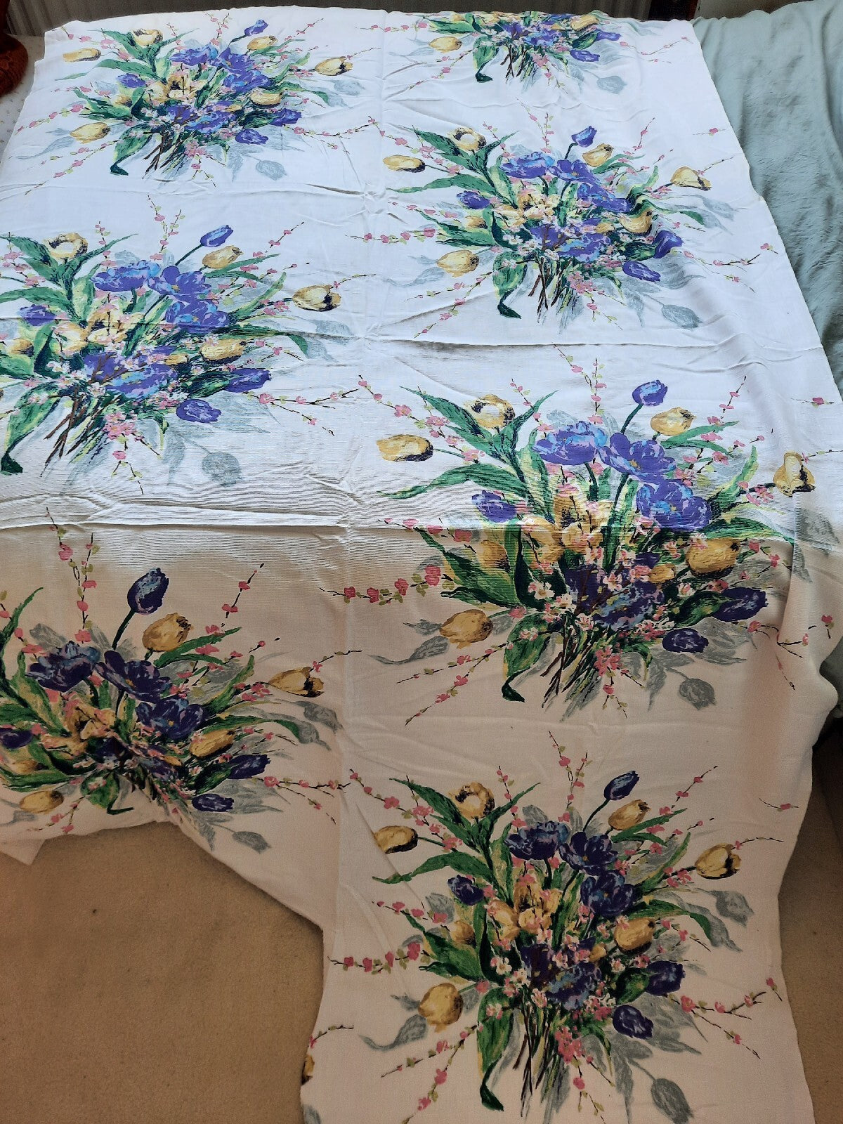 100% Cotton French Interior Fabric Bouquet Vintage White Floral 2.1m Tulips Rare