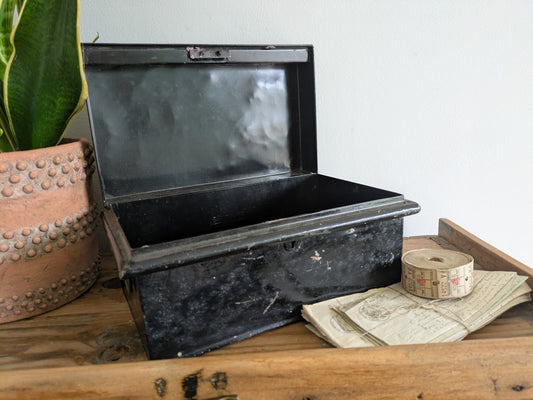 Vintage Metal Box Document Deed BOX  Black Latch Hinged Lid Medium Cash Tin File