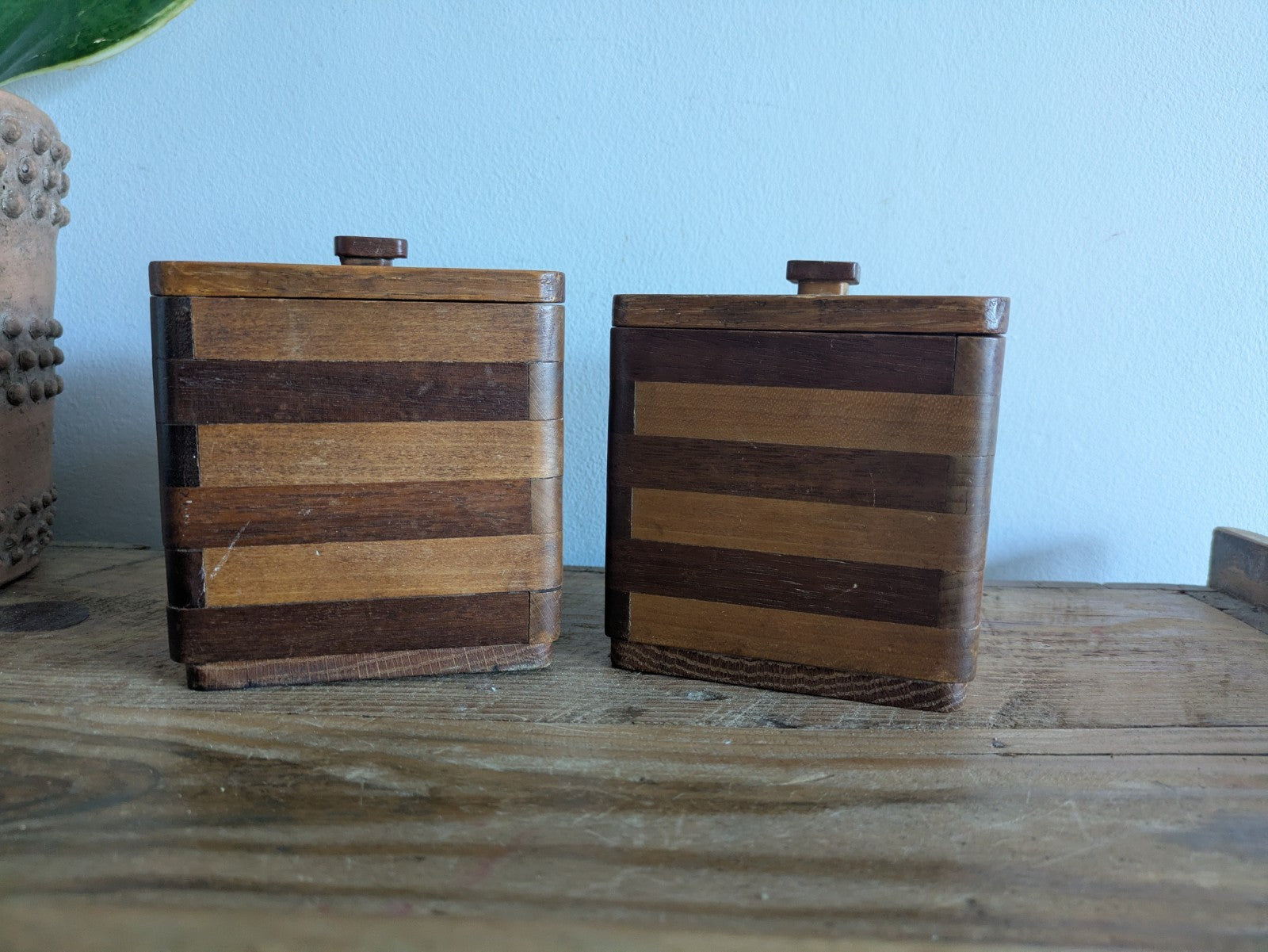 Pair Vtg Wood Two-tone Striped Kitchen Canister Caddy 1960's Mid Century Retro 