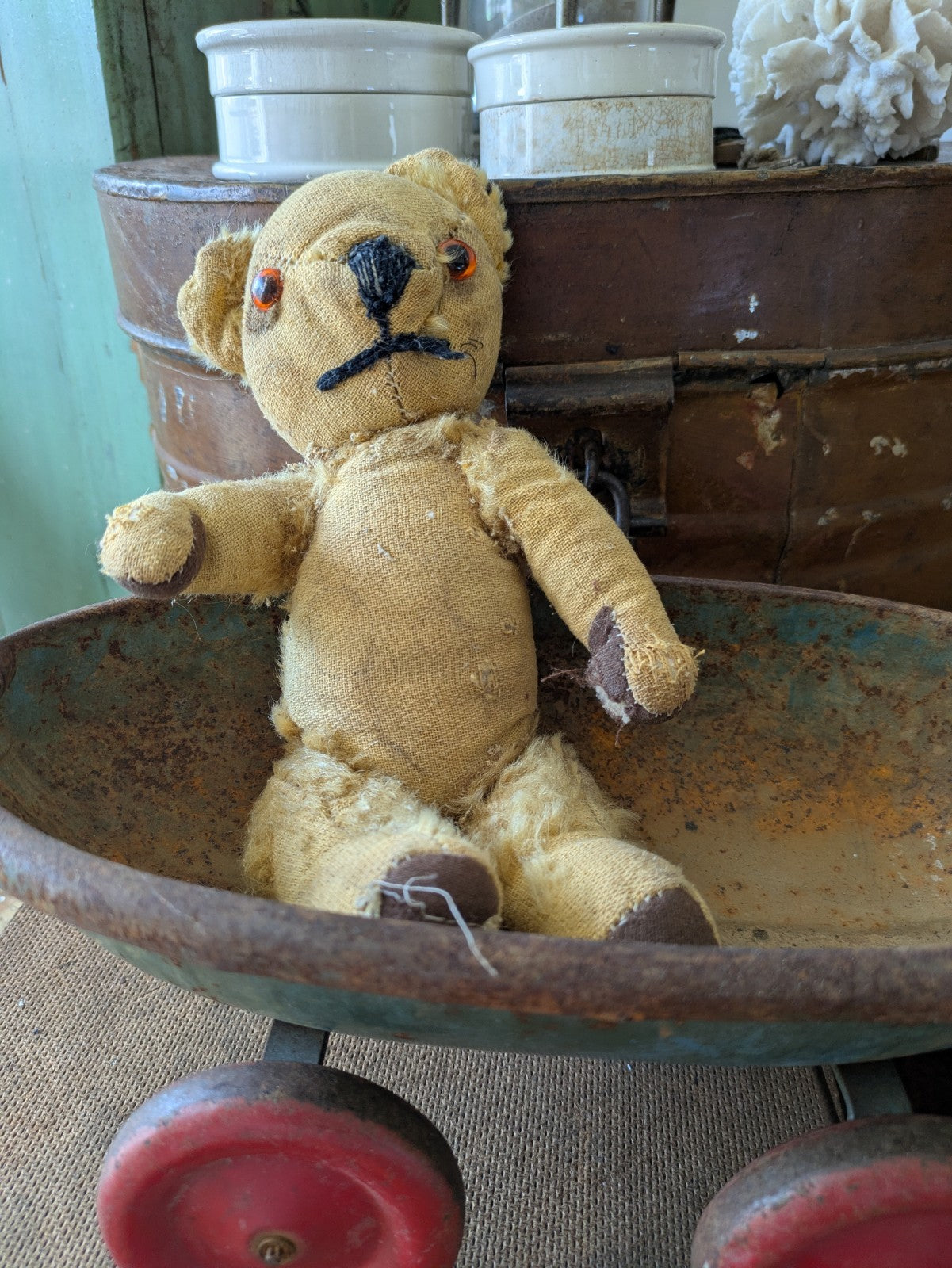 Antique Small Jointed Old Mohair Teddy Bear straw stuffed vintage RARE worn toy!