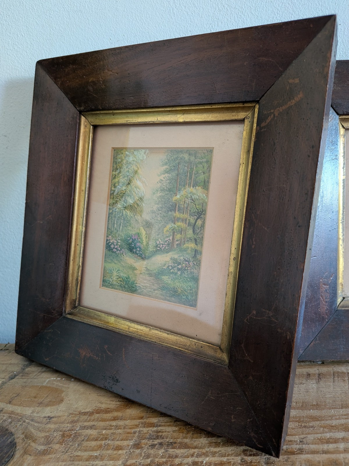 Pair Antique Framed Alan White Vtg Watercolour Signed Langcliff Woods Painting 