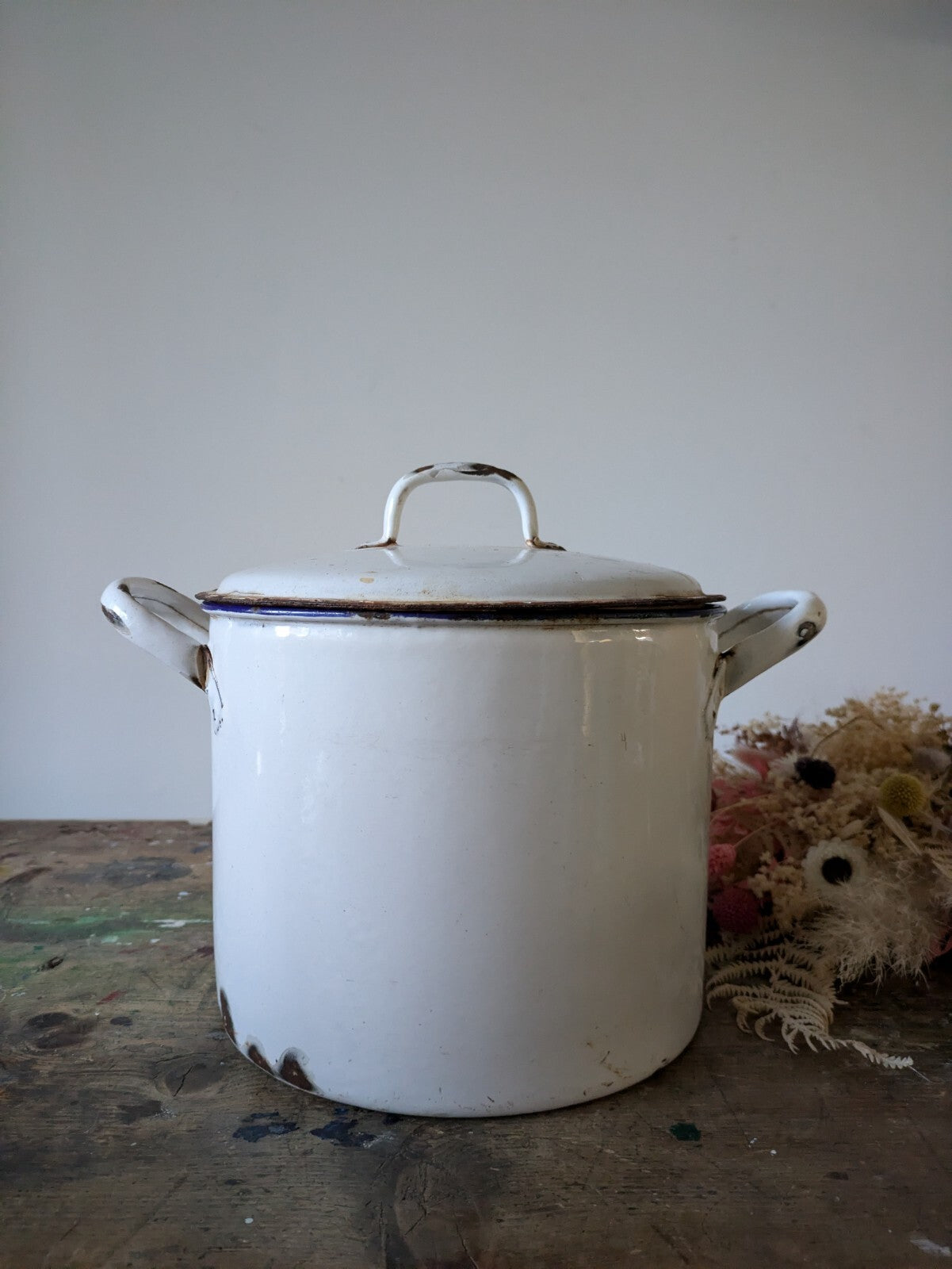 Antique Enamel French Flour Pot White Round Bread Container Lid Prop Vtg Retro