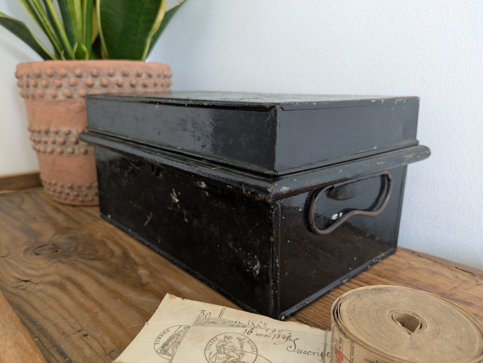 Vintage Metal Box Document Deed BOX  Black Latch Hinged Lid Medium Cash Tin File
