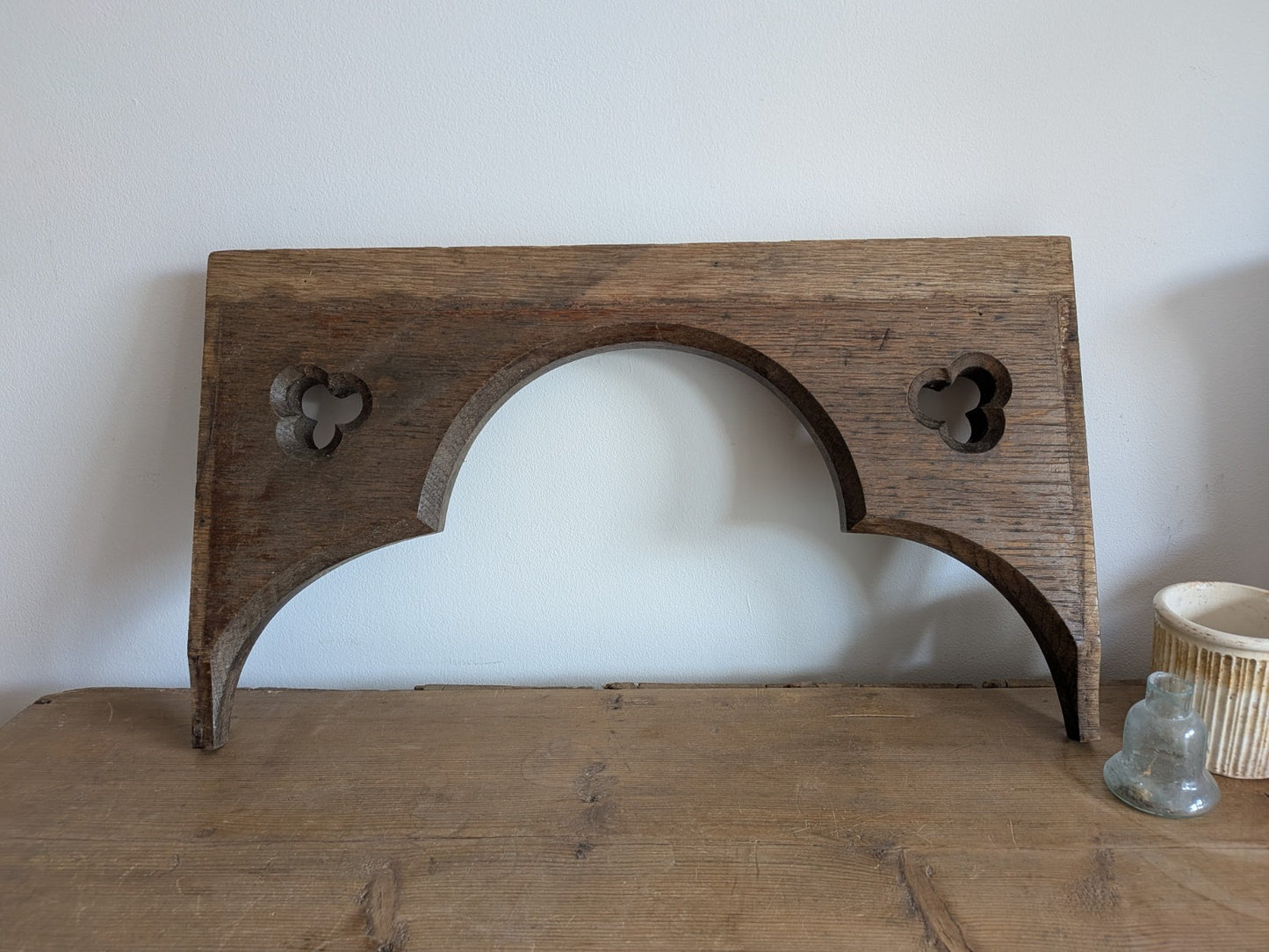 Antique Gothic Revival Panel Solid Oak Wood Salvage Piece Clover Arch Decor Vgc