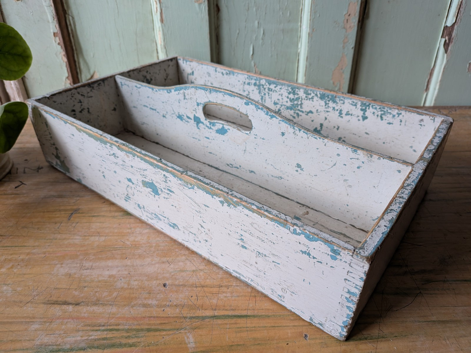 Vtg Distressed Paint Antique Wooden Cutlery Tray Box Kitchen Trug Sectional Prop