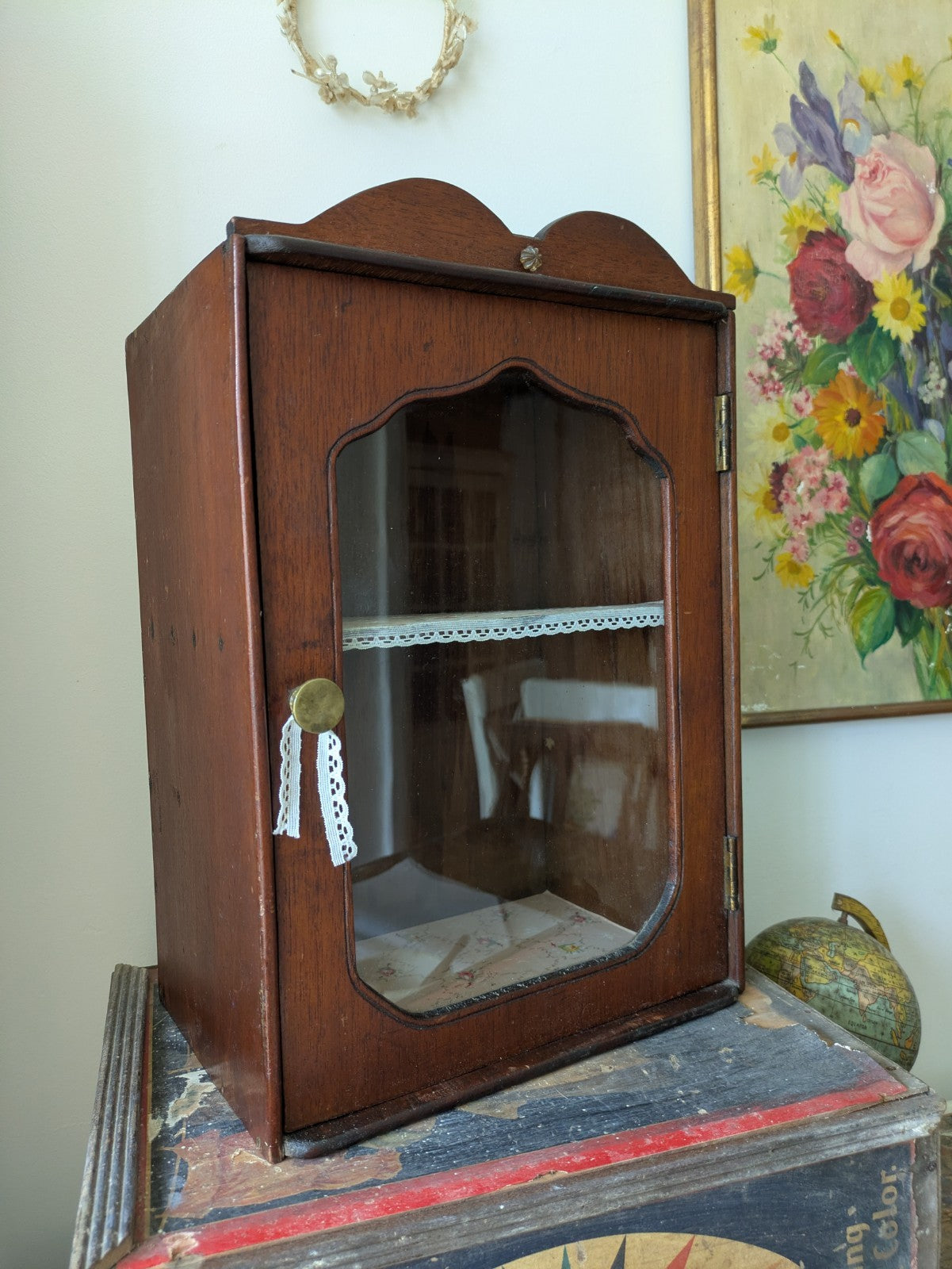 Antique Wooden Display Cabinet Shelves Vintage Wall Cupboard Bathroom Medicine 