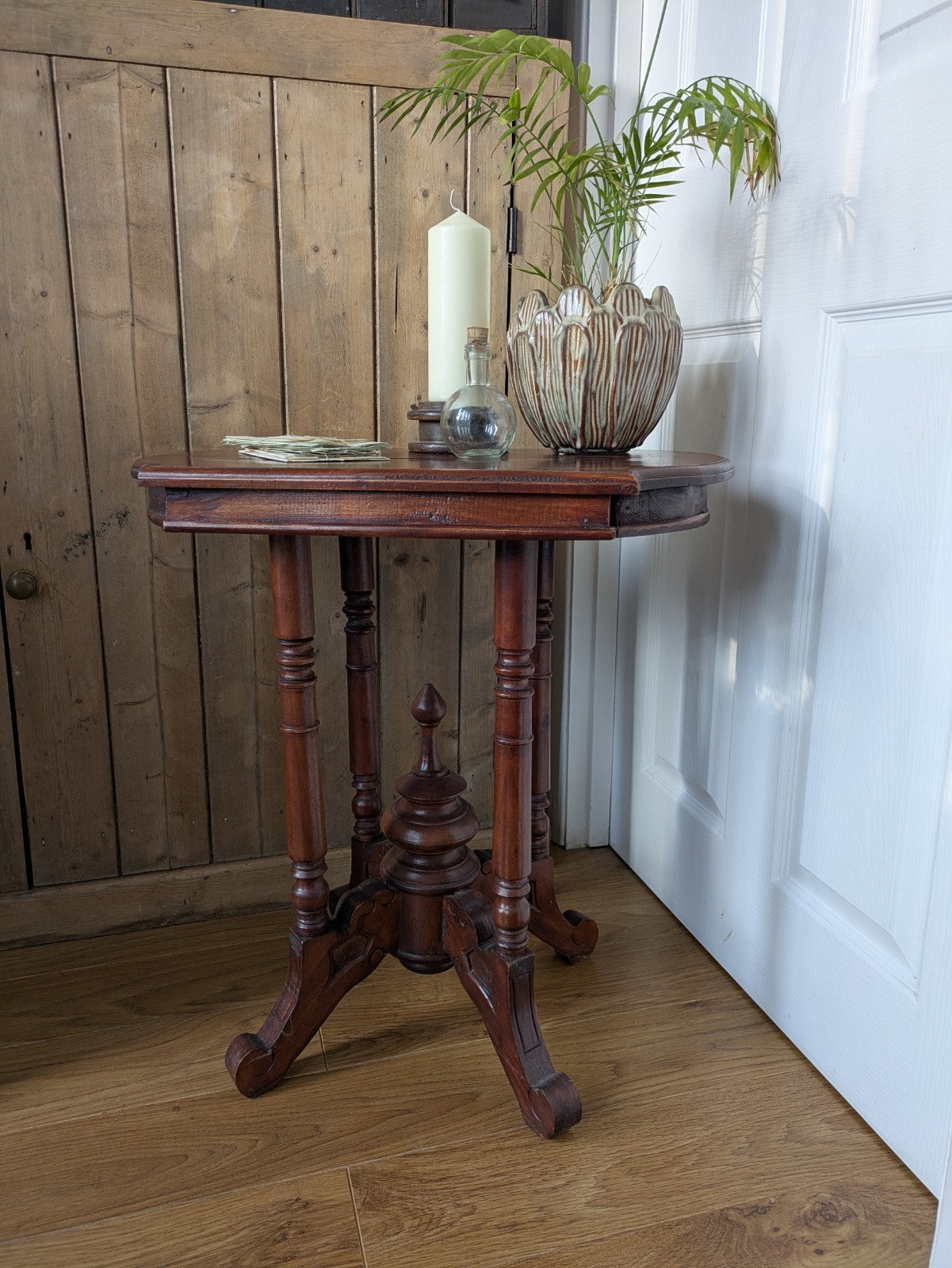 Antique Mahogany Side Table Hall Lamp Turned Legs & Finial Base Victorian C1890