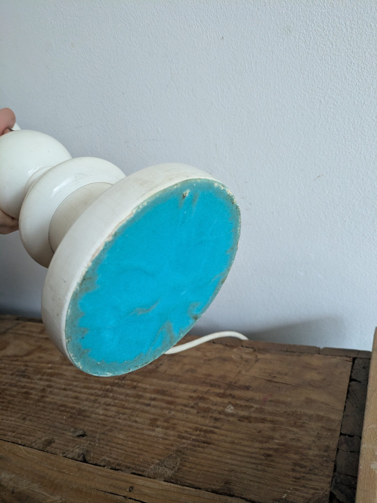 Mid 20th Century 1960s White Gloss Bobbin Table Lamp Wooden Bobble VTG Retro 