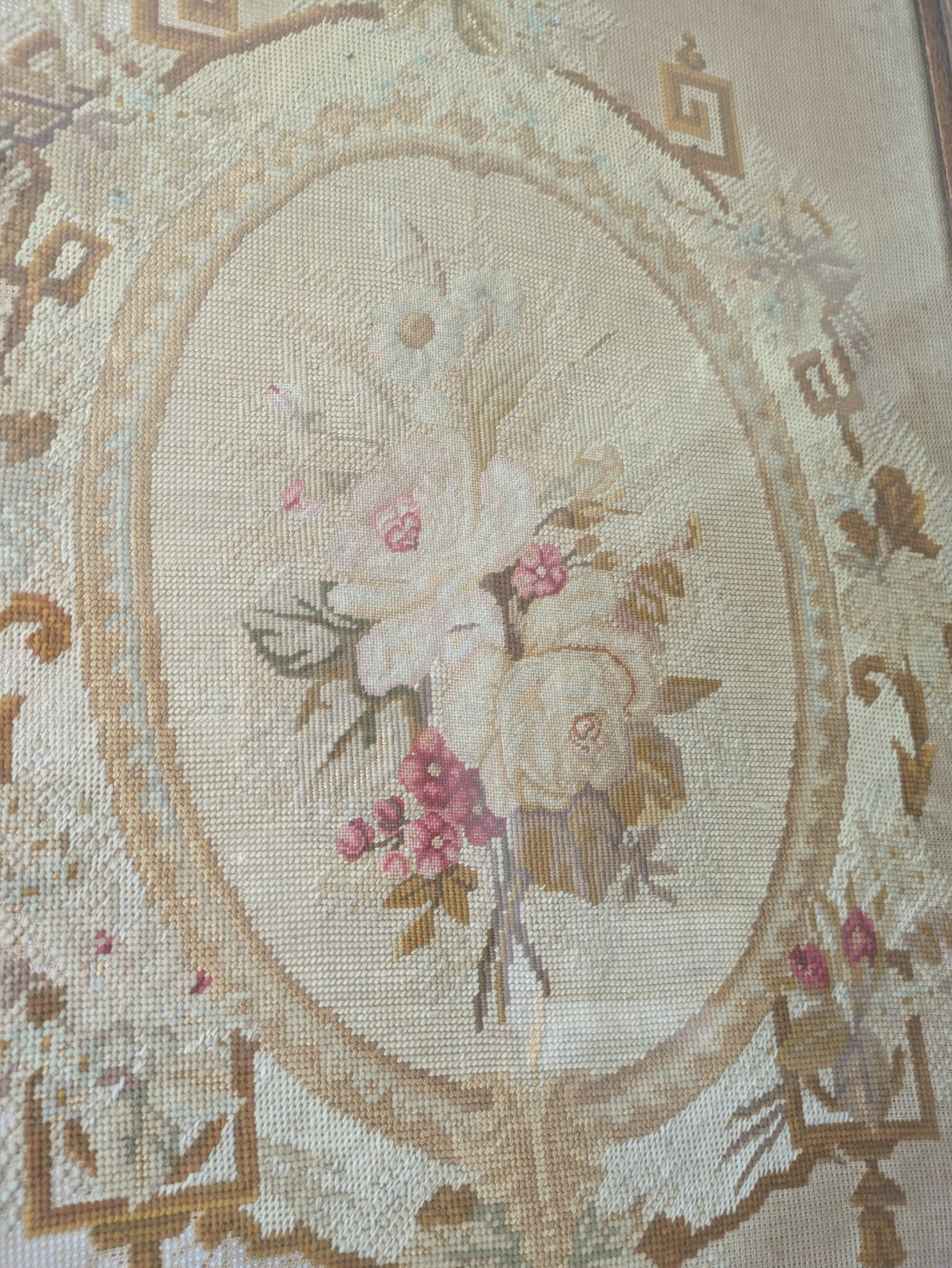 Antique French Needle Point Aubusson Floral Rose Rare Tapestry Framed Original 