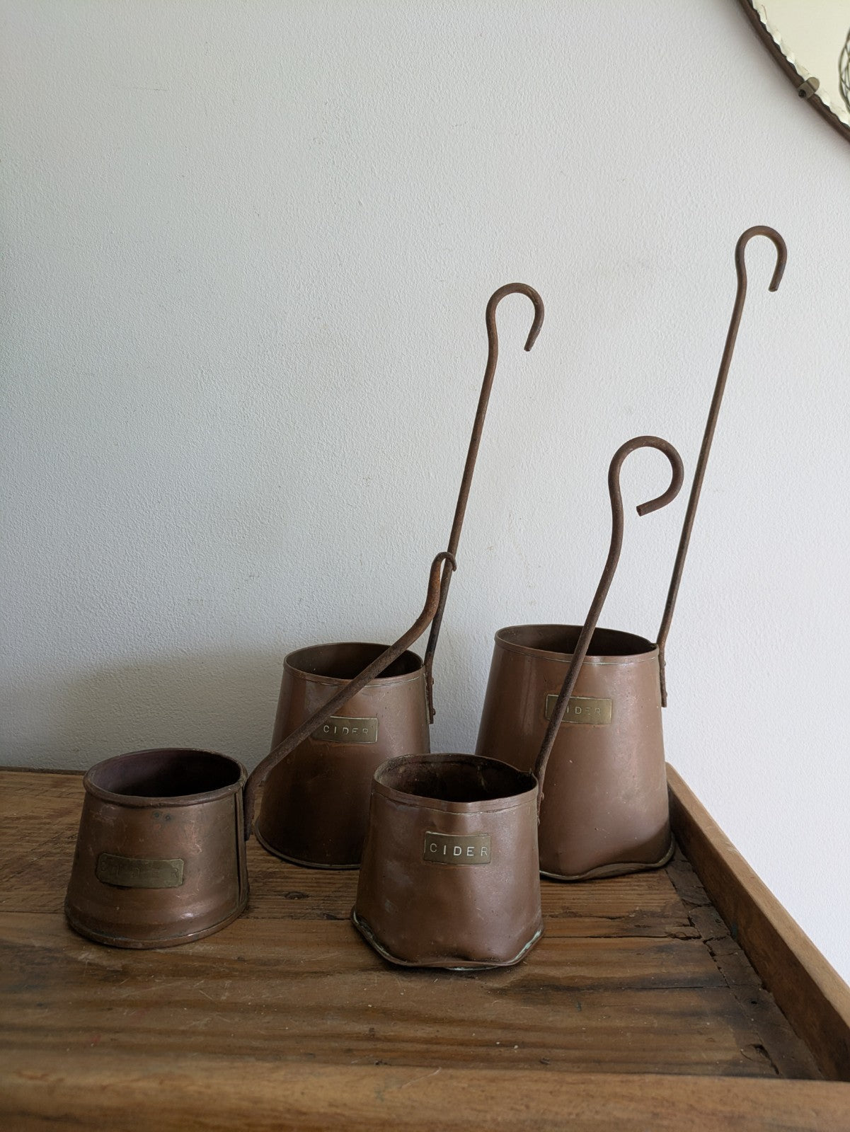Antique Set of 4 Copper Cider Measures Long Iron Handled Ladles Jugs Cups Vintag