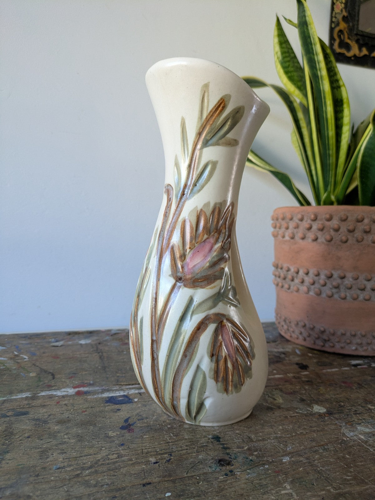 KAD-YAD Israel Studio Pottery Mid Century Flowers Design Handle Vase Jug Vintage