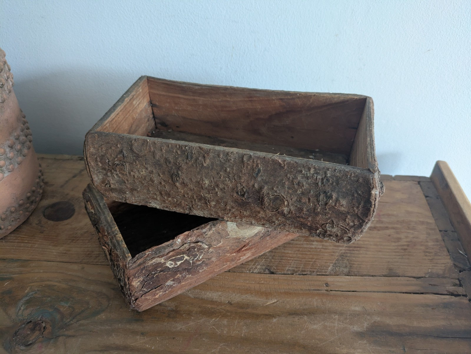 Pair Of Reclaimed Rustic Wood Handmade Box Planter Centerpiece Log Farmhouse Vgc