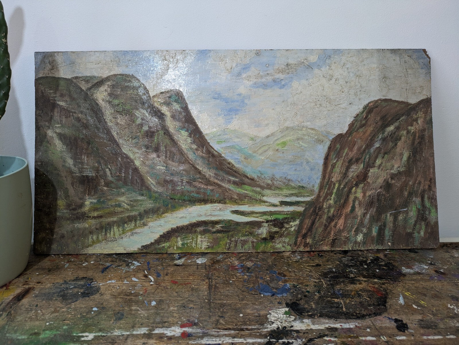 Vtg Painting T Morris Mountains Valley Oil On Board Country Picture Landscape