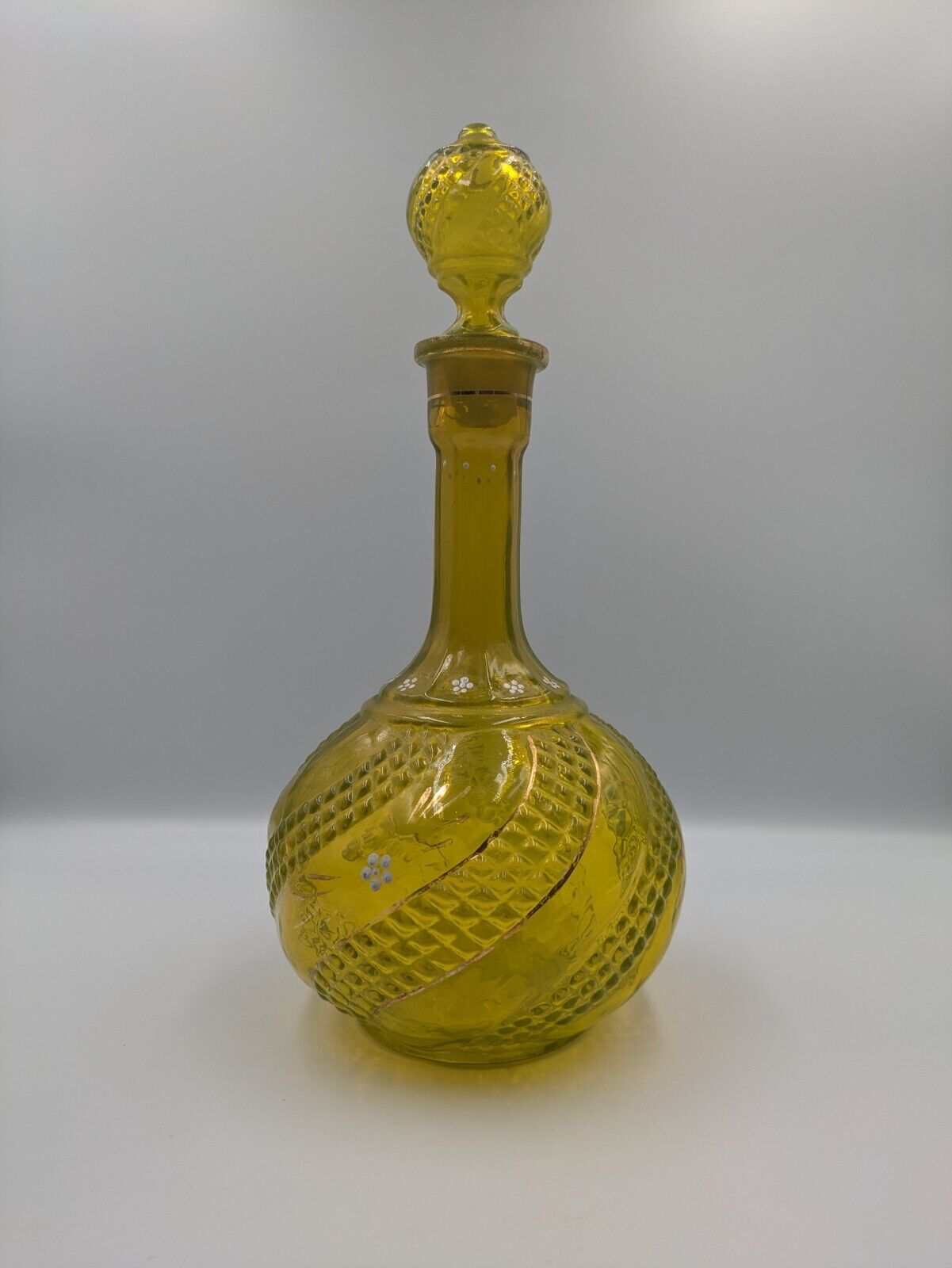 Vintage Yellow Vaseline 1920s 30s Glass Decanter Hand Painted Gold Rare Stopper
