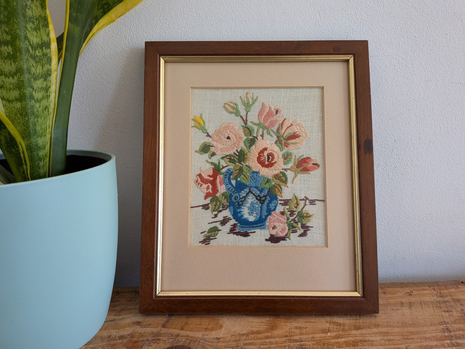 Vintage Pink Rose Bouquet Needlepoint Embroidery Floral Art Handmade Framed Vase