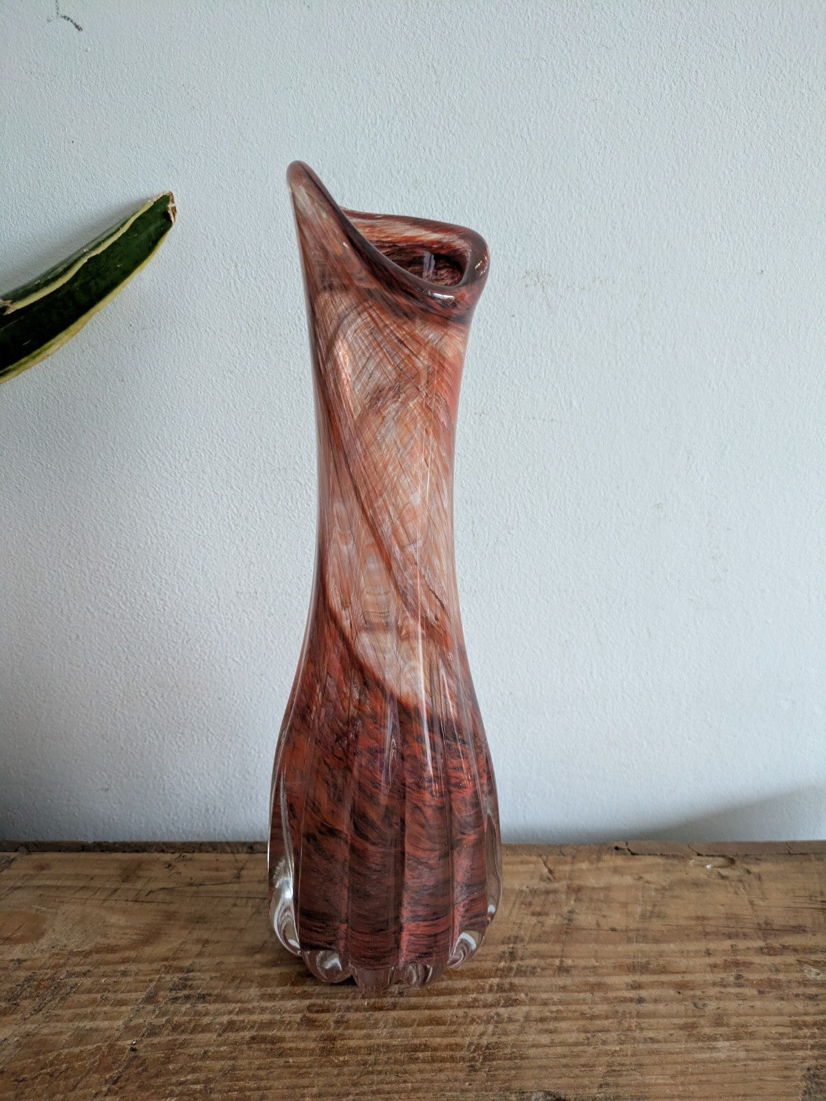 VTG Murano? Studio Art Glass Hand Blown Brown Vase Tall Ribbed Fluted MCM Prop