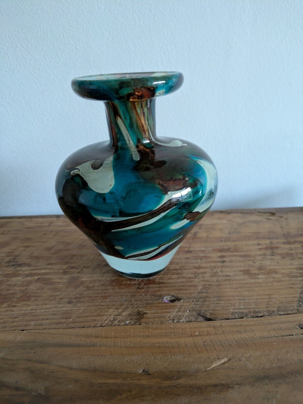 Vintage Mdina Maltese Glass 'Tiger' Pattern Vase Studio Art Retro Blue Brown Vgc