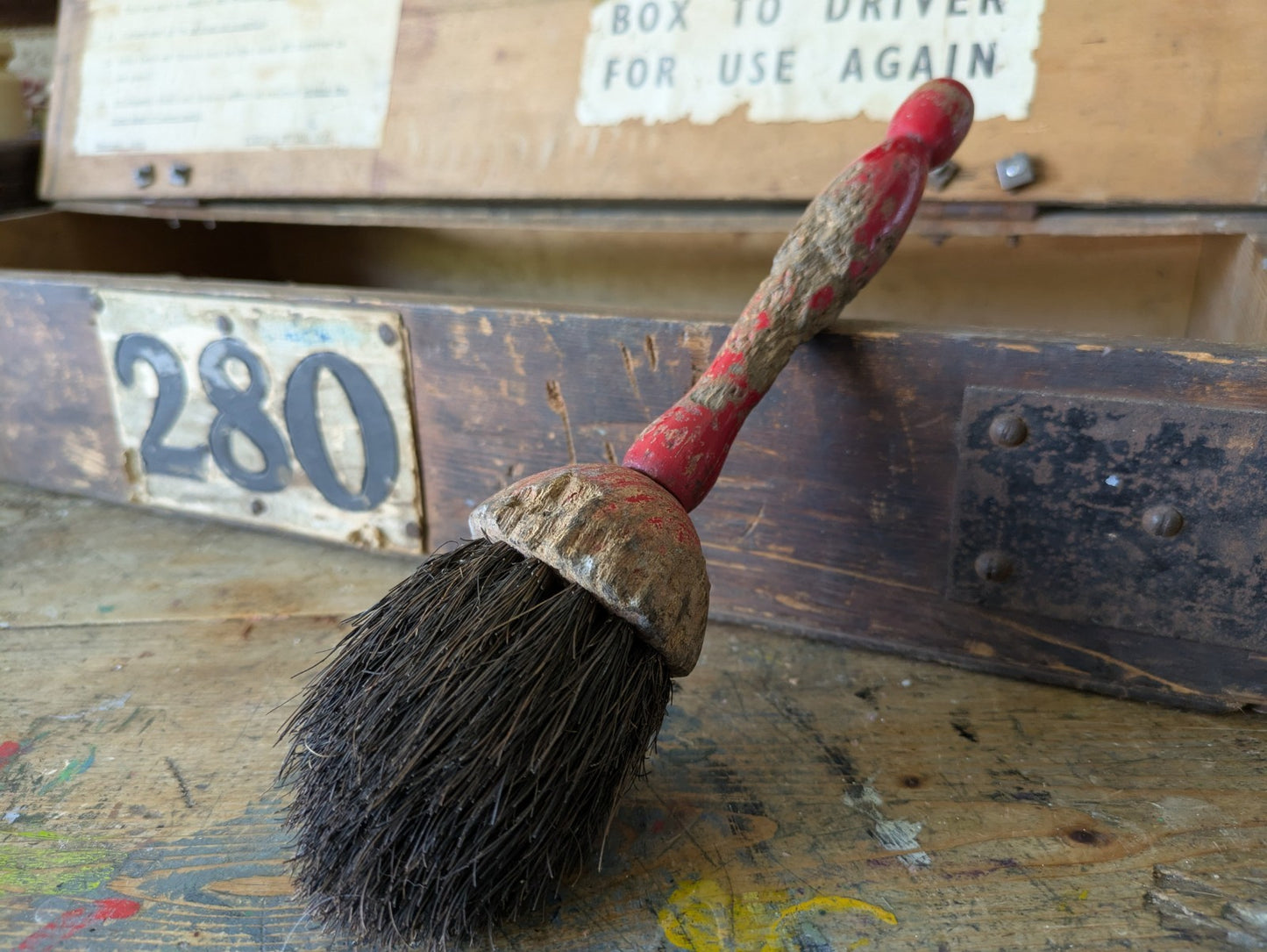 Antique Early Shaker Brush Primitive Wood Handle Red Paint Patina Chippy Vtg