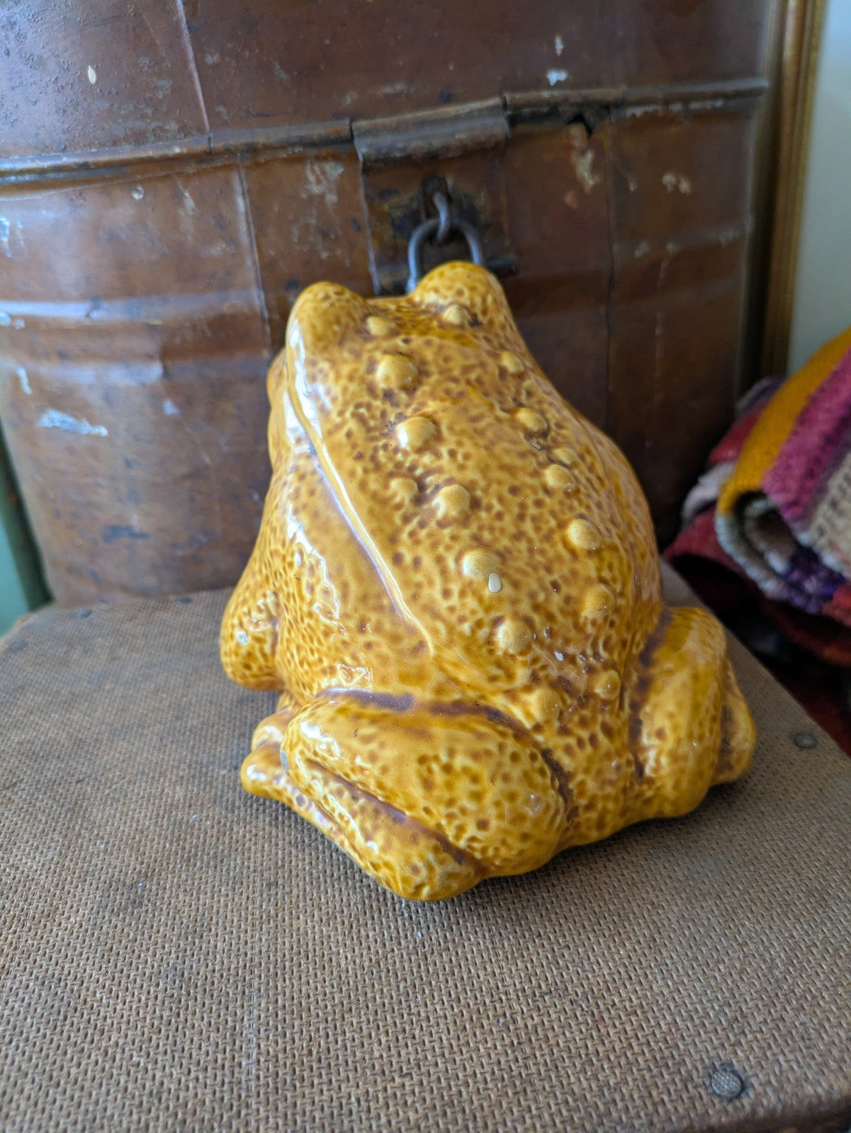 Vintage Trentham Frog Art Pottery Toad Money Bank Piggybank Yellow Ceramic Rare