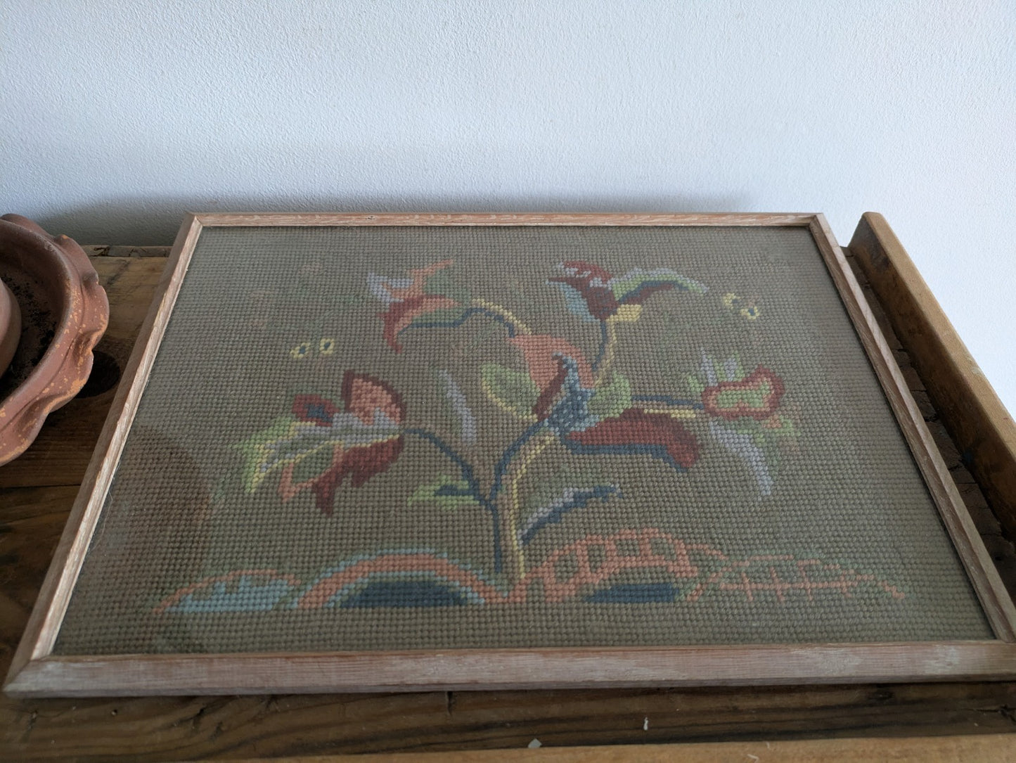 Vintage Antique Floral Tapestry Embroidery Cross Stitch Picture Framed Tree Life