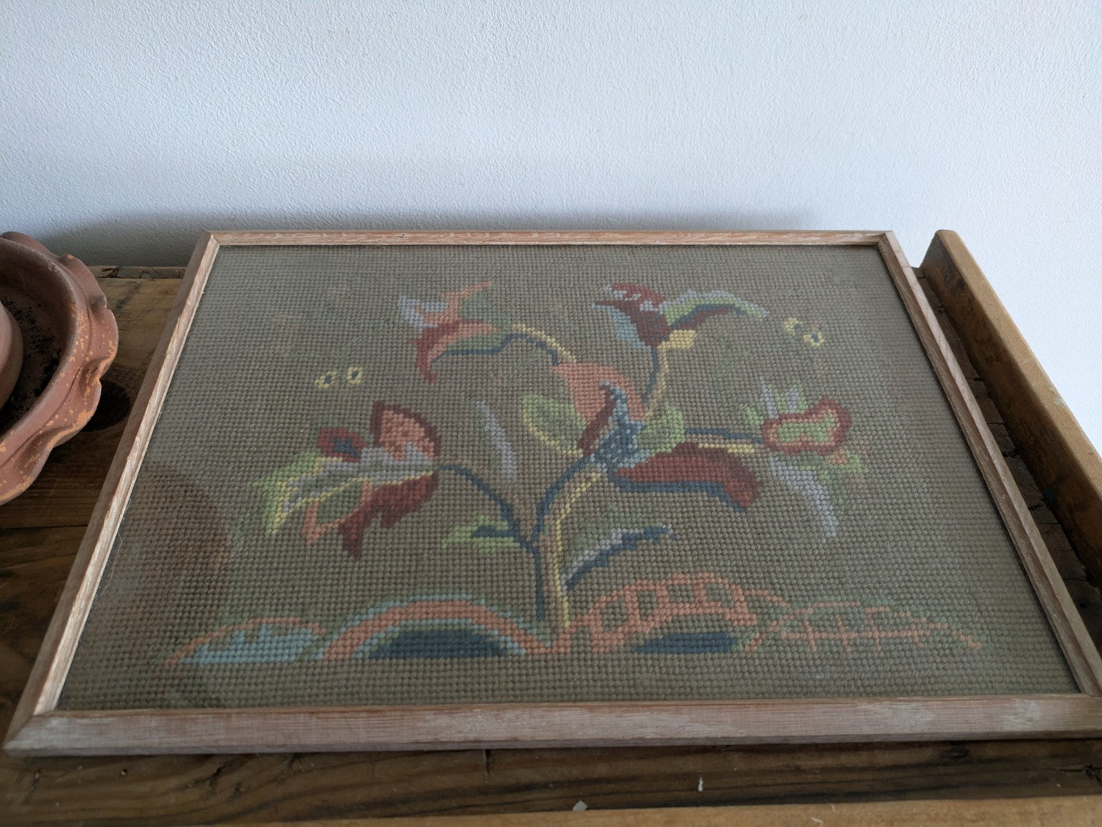 Vintage Antique Floral Tapestry Embroidery Cross Stitch Picture Framed Tree Life