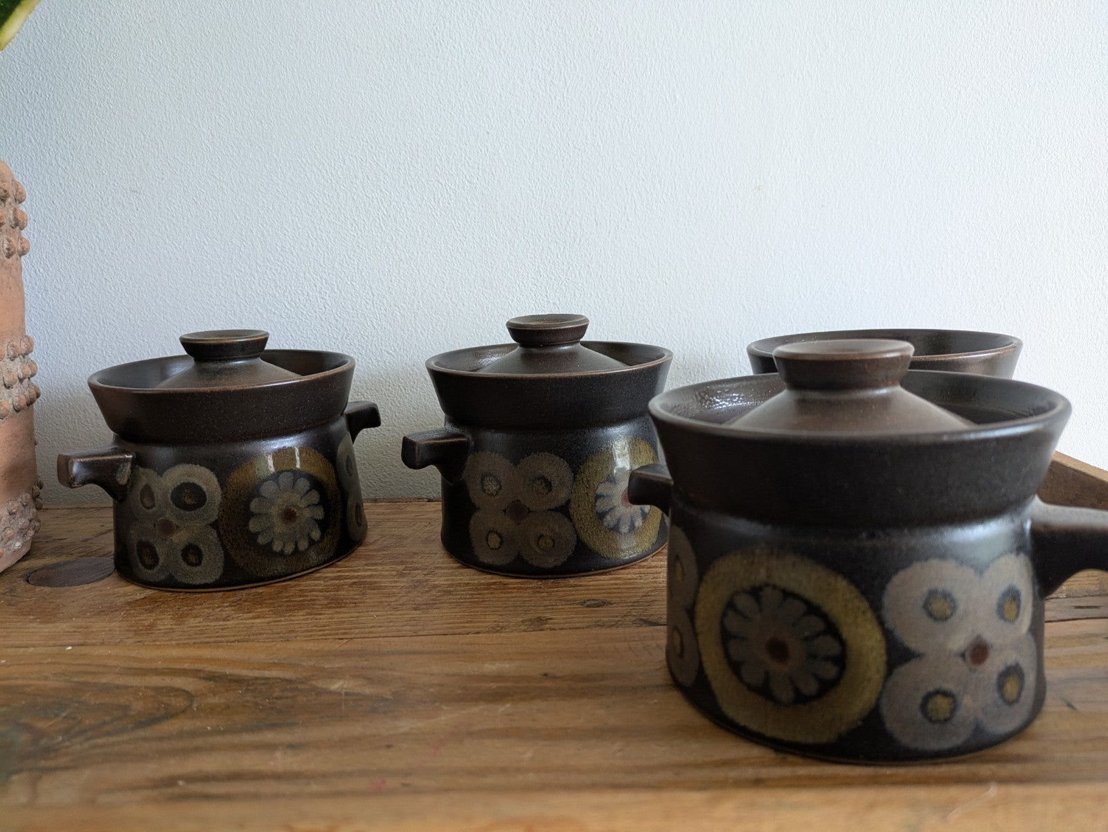 4 vintage 1960s DENBY Arabesque Gill Pemberton Small Lidded Soup Bowls 3 Lids 