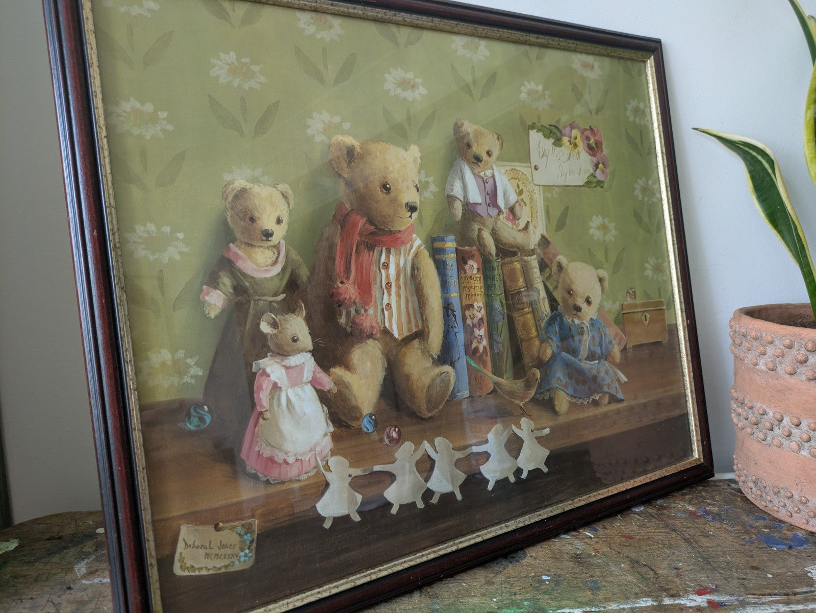 Large Vintage Deborah Jones Teddy Bear Print Framed Nursery Toys Child's Room Vg