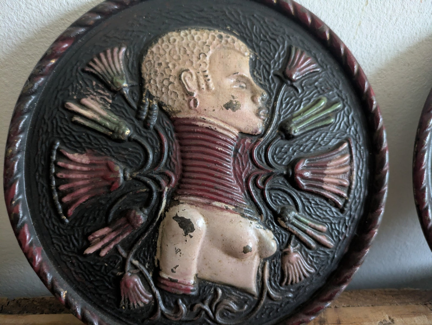 2x Mid Century Brass Plate Plaque Art Deco Art Nouveau African 1950s Pressed Old