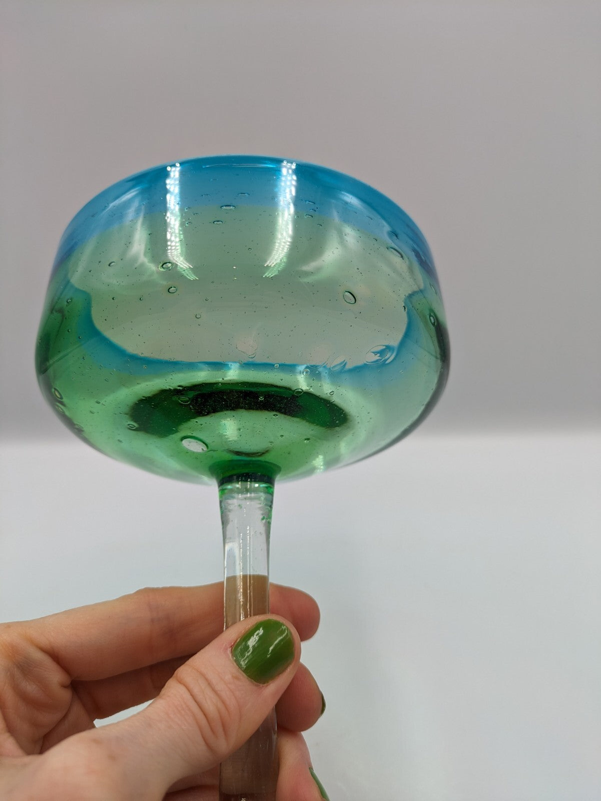 Vtg Hand Blown Aqua Blue and Green Margarita Glasses Two Toned Glass Bubbles Vgc