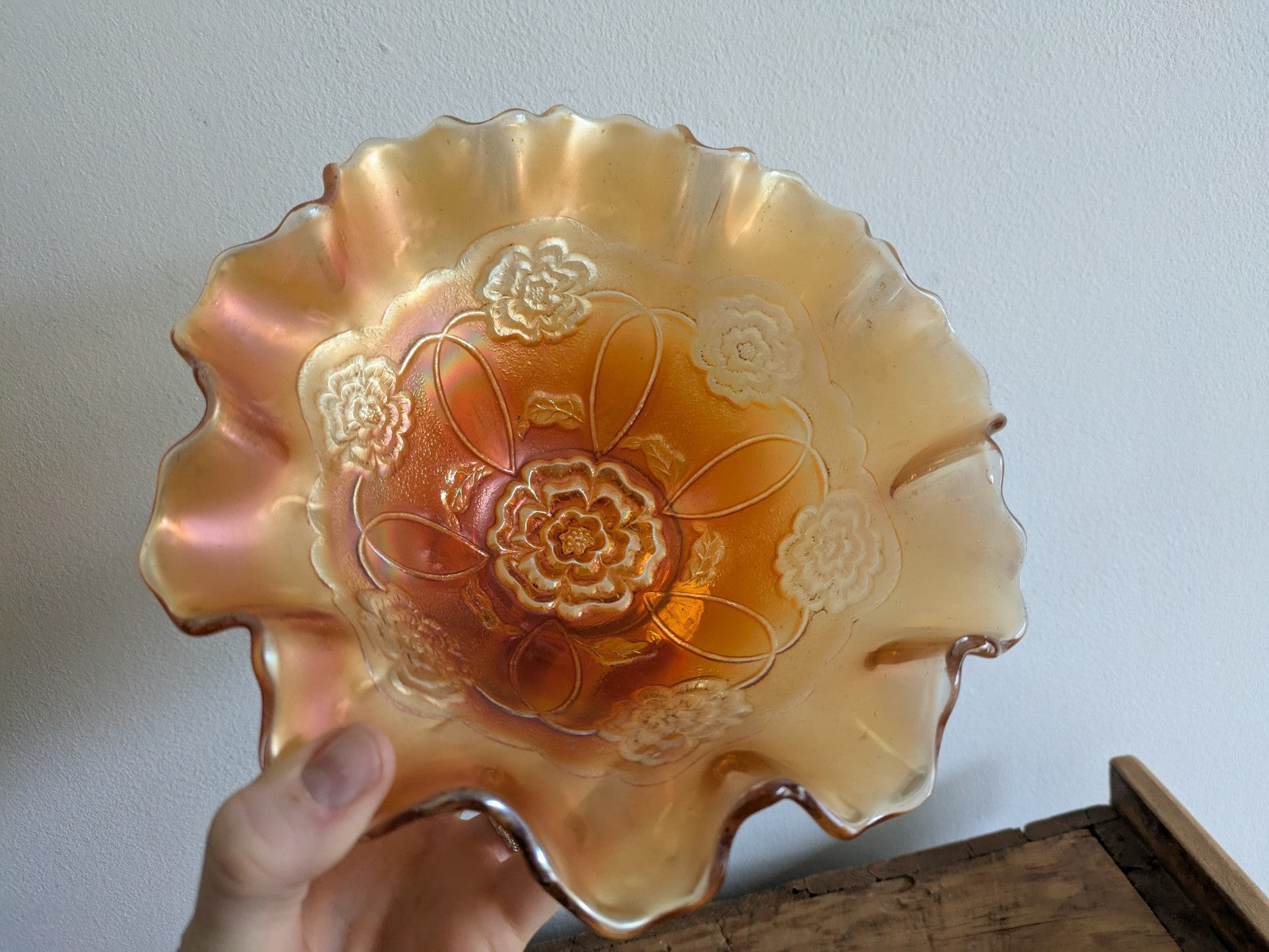 Carnival Glass Bowl Dugan Double Stem Rose Marigold/Peach Opal Iridescent C1917
